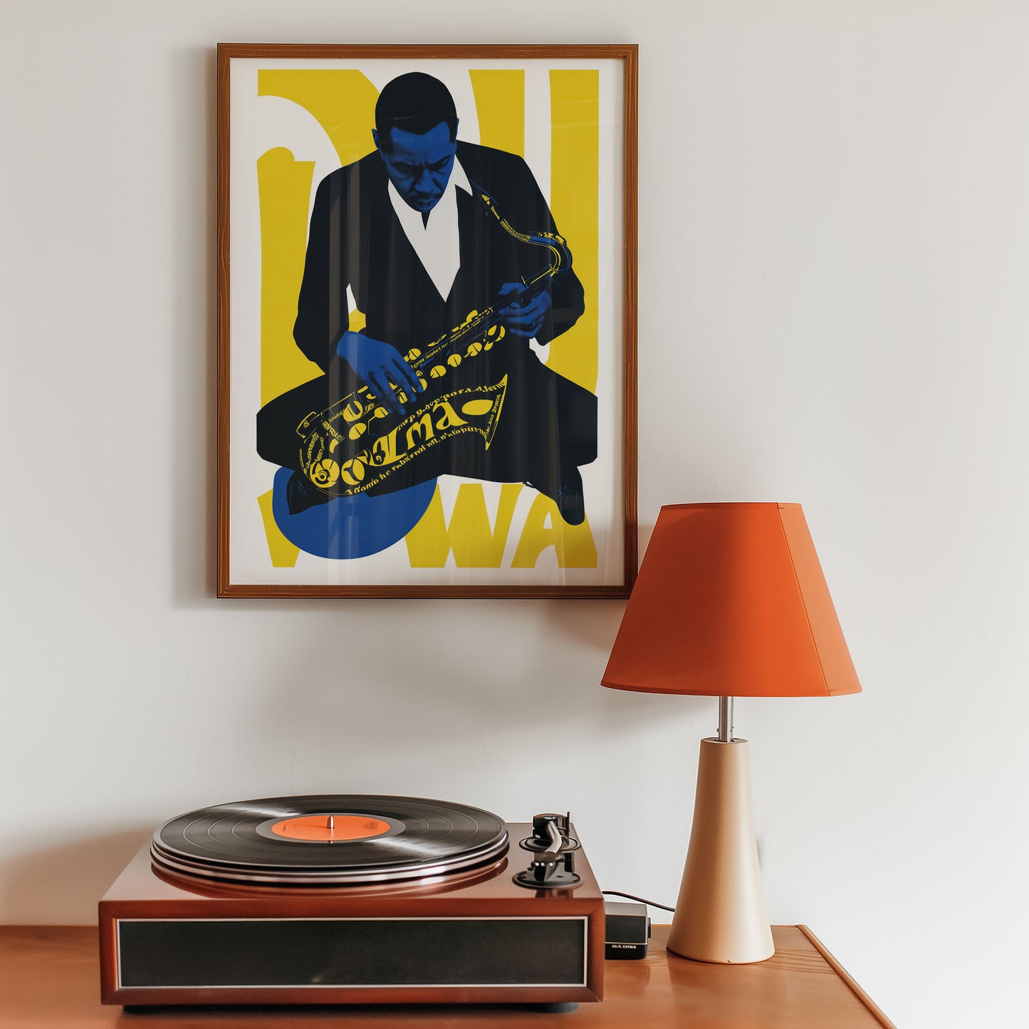 Mid-century modern wall art print featured in neutral interior design space