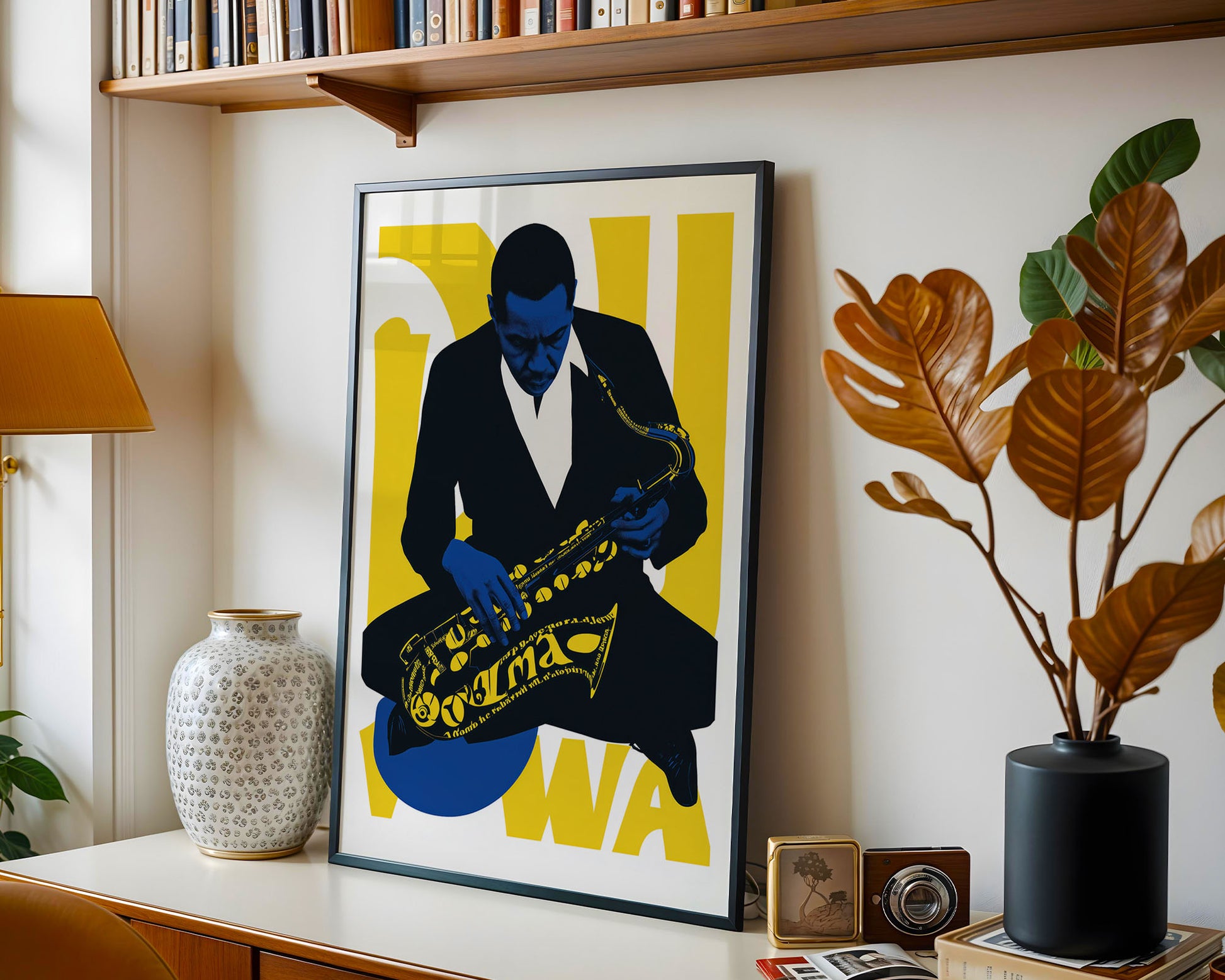 Framed artwork of a musician playing a saxophone on a shelf with books and decor.