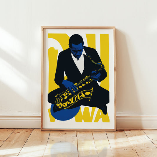 John Coltrane jazz wall art print featuring saxophone portrait in bold blue and yellow mid-century modern graphic design from Wallgarde
