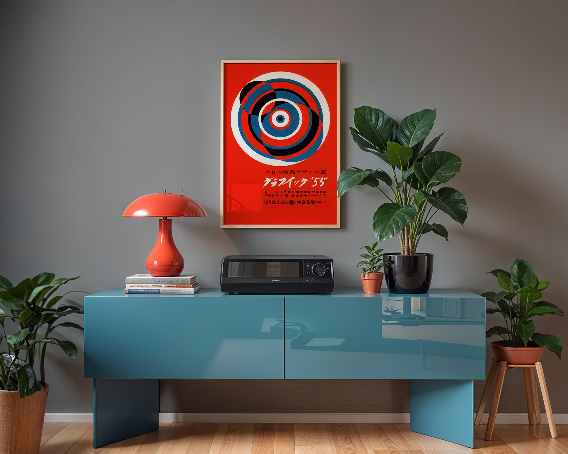 Modern interior with a blue console table, red lamp, and abstract art on a gray wall.