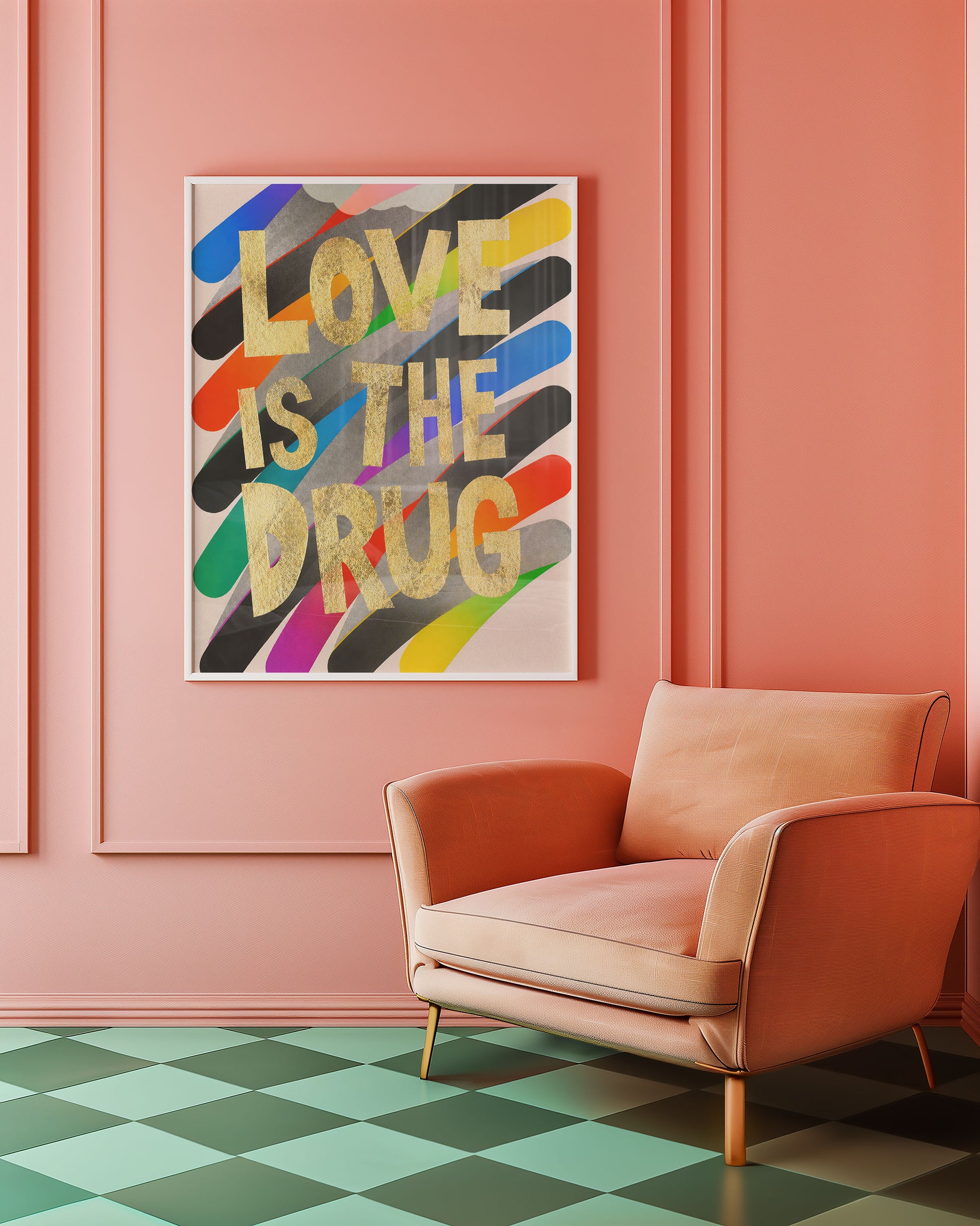 Colorful abstract art print on a pink wall above a peach armchair with a green and blue checkered floor.