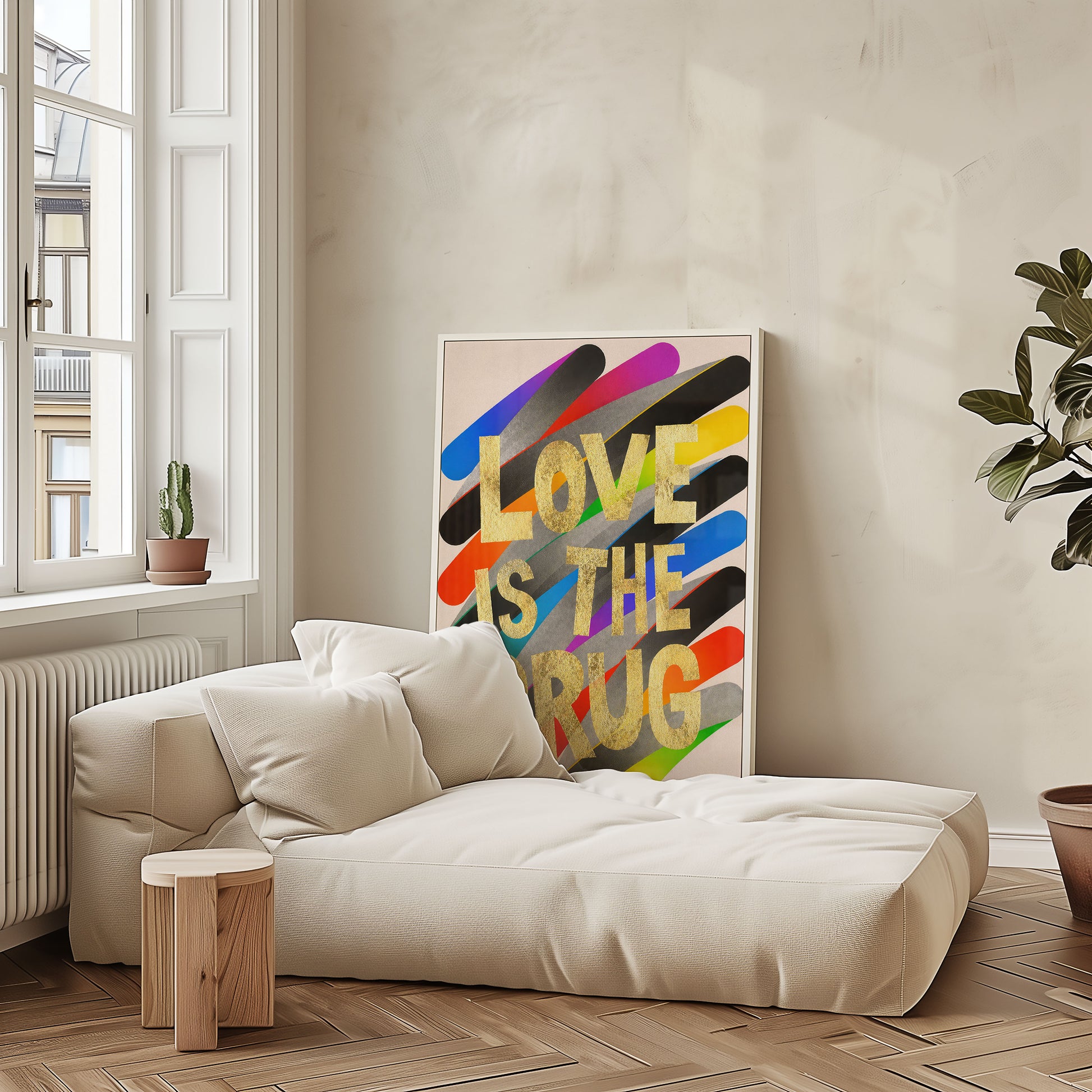 Modern living room with a white sofa, colorful abstract art, and plants.