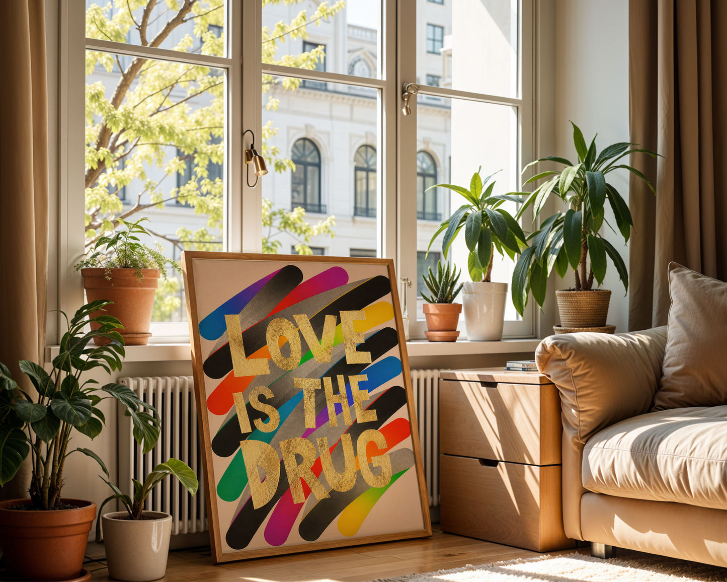 Love Is The Drug – Bold Typography Pop Art Print – Contemporary Maximalist Wall Art