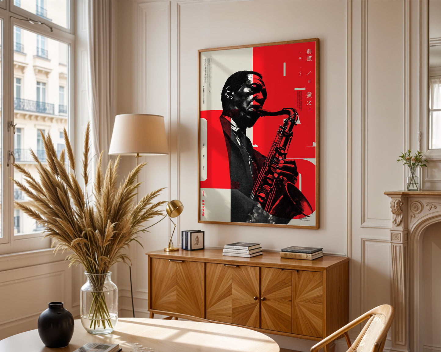 John Coltrane jazz poster in Japanese modernist style with striking red typography and saxophone portrait
