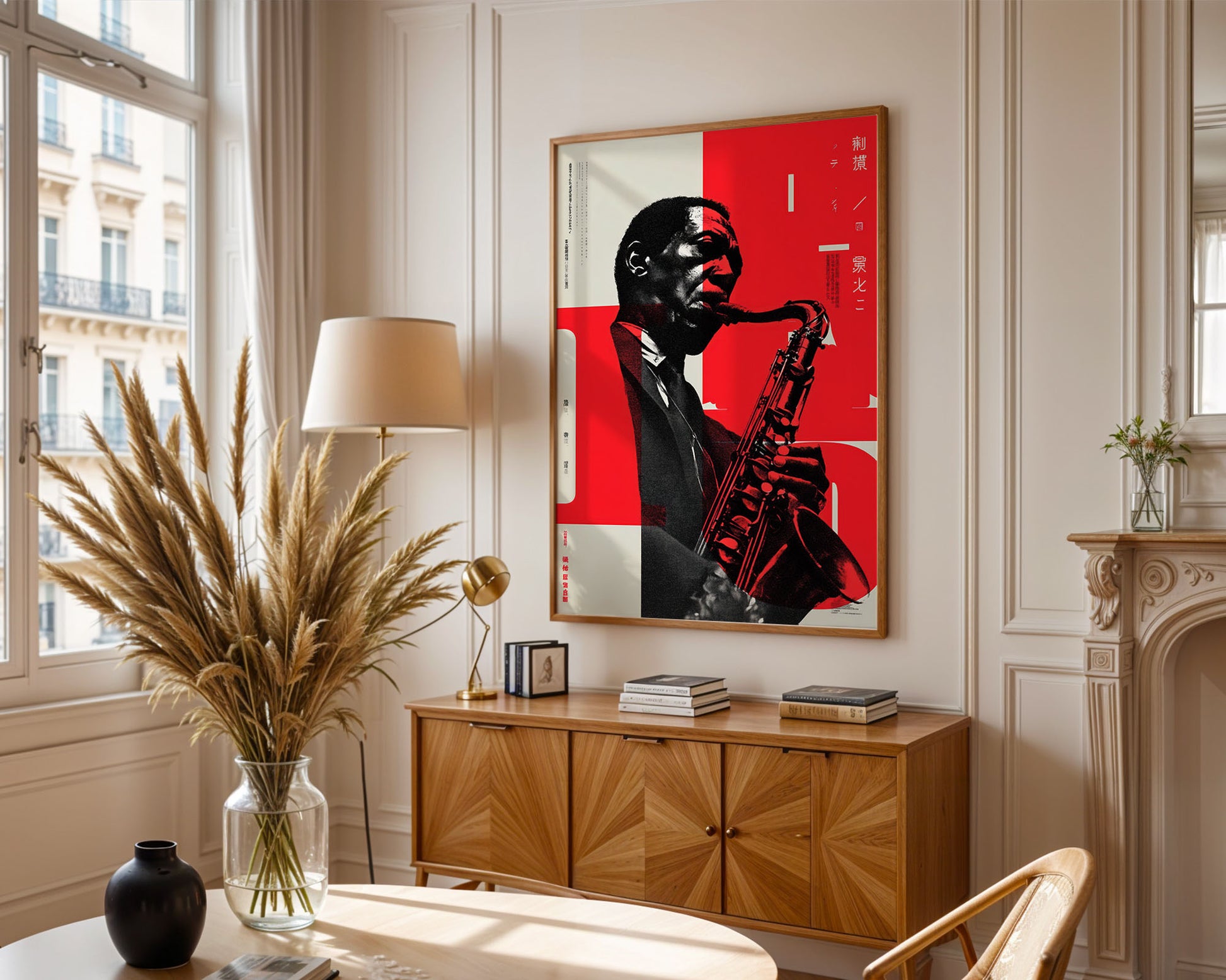 John Coltrane jazz poster in Japanese modernist style with striking red typography and saxophone portrait
