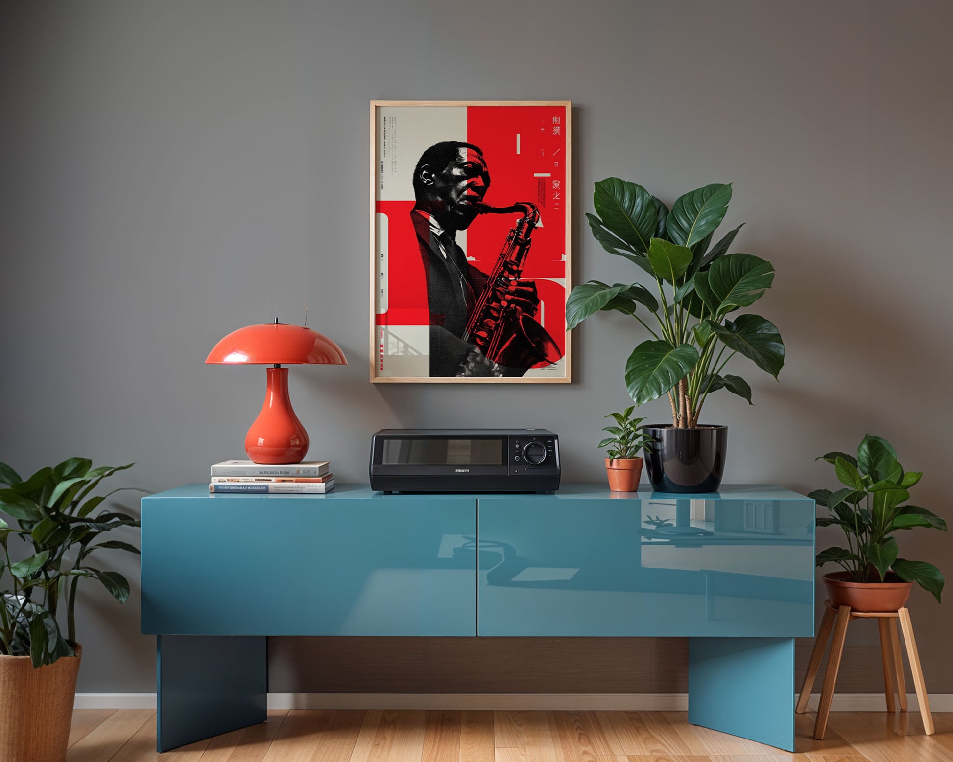 Mid-century modern poster styled in clean Scandinavian inspired living space