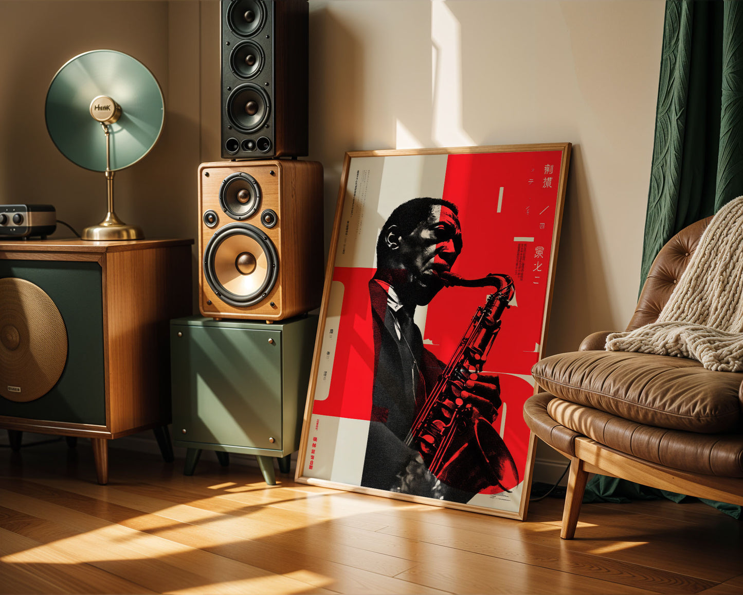 Room interior with speakers, a lamp, and a framed picture of a saxophonist on a red background.