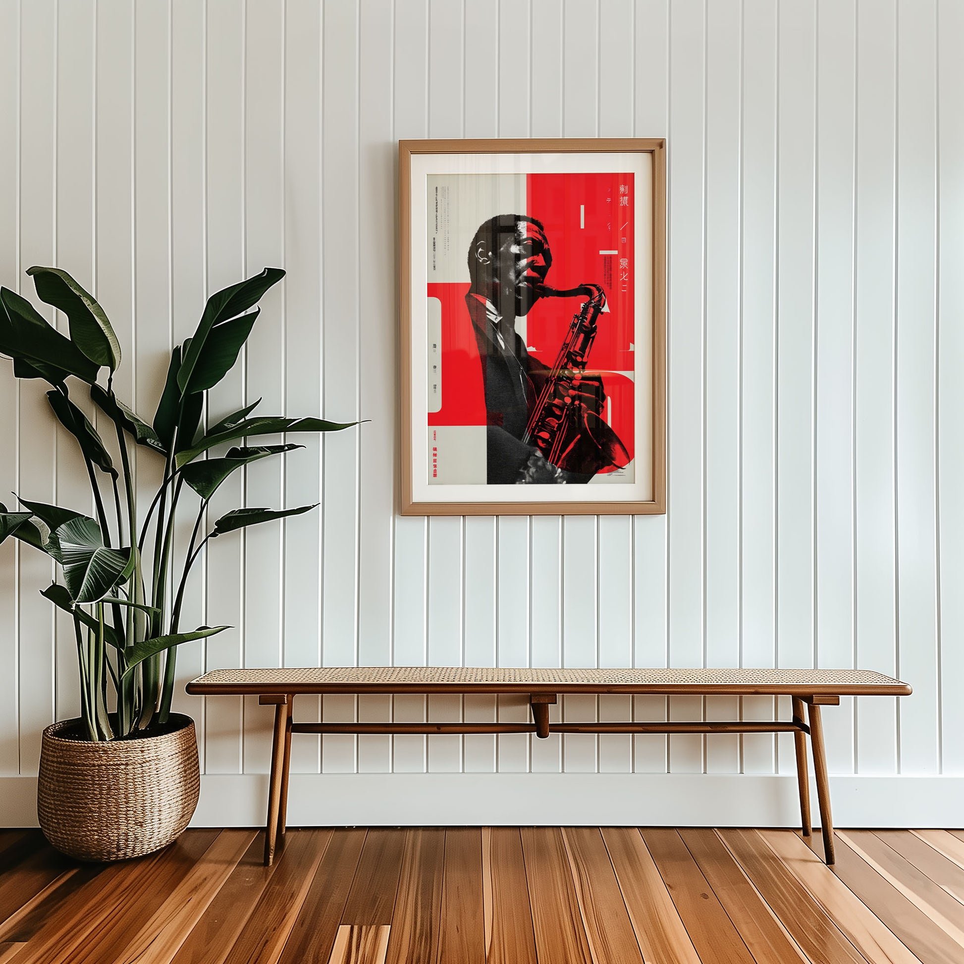 Framed mid-century style wall art print styled against minimalist interior wall