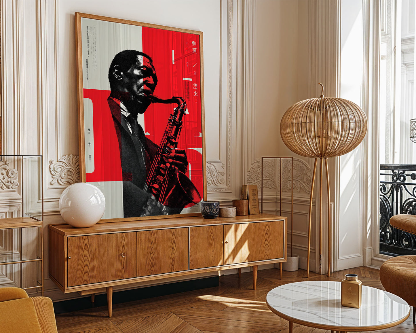 Living room with a wooden sideboard, round marble table, and a large framed artwork of a man playing a saxophone.