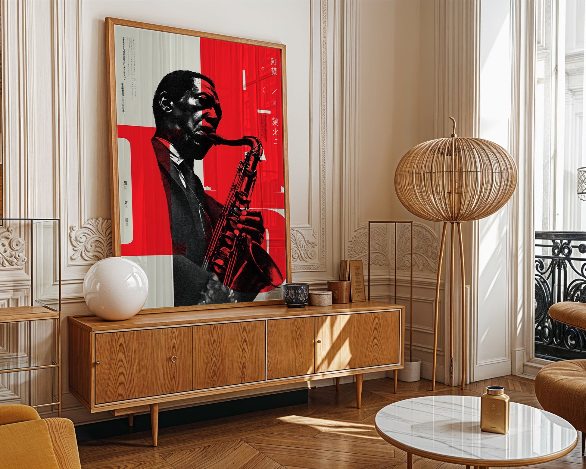 Living room with a wooden sideboard, round marble table, and a large framed artwork of a man playing a saxophone.
