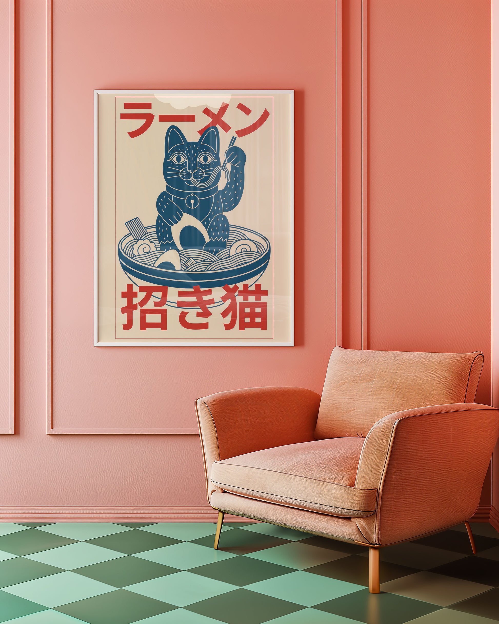 indie wall art inspired art poster styled above pink sofa in modern home decor setting.