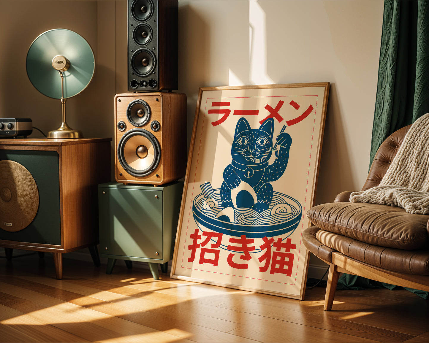 retro Japanese art print in a stylish music studio apartment with speakers and Hi-Fi equipment.