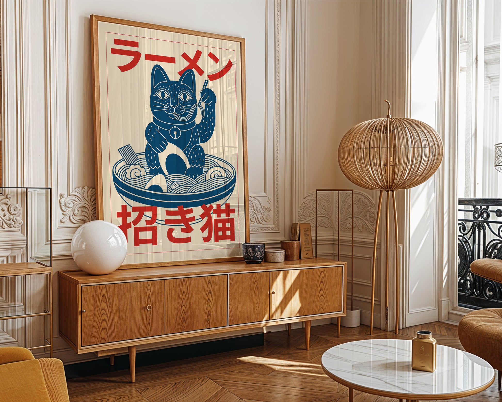 Colourful mid-century style framed graphic art print ,adding bold accent to modern home interior.