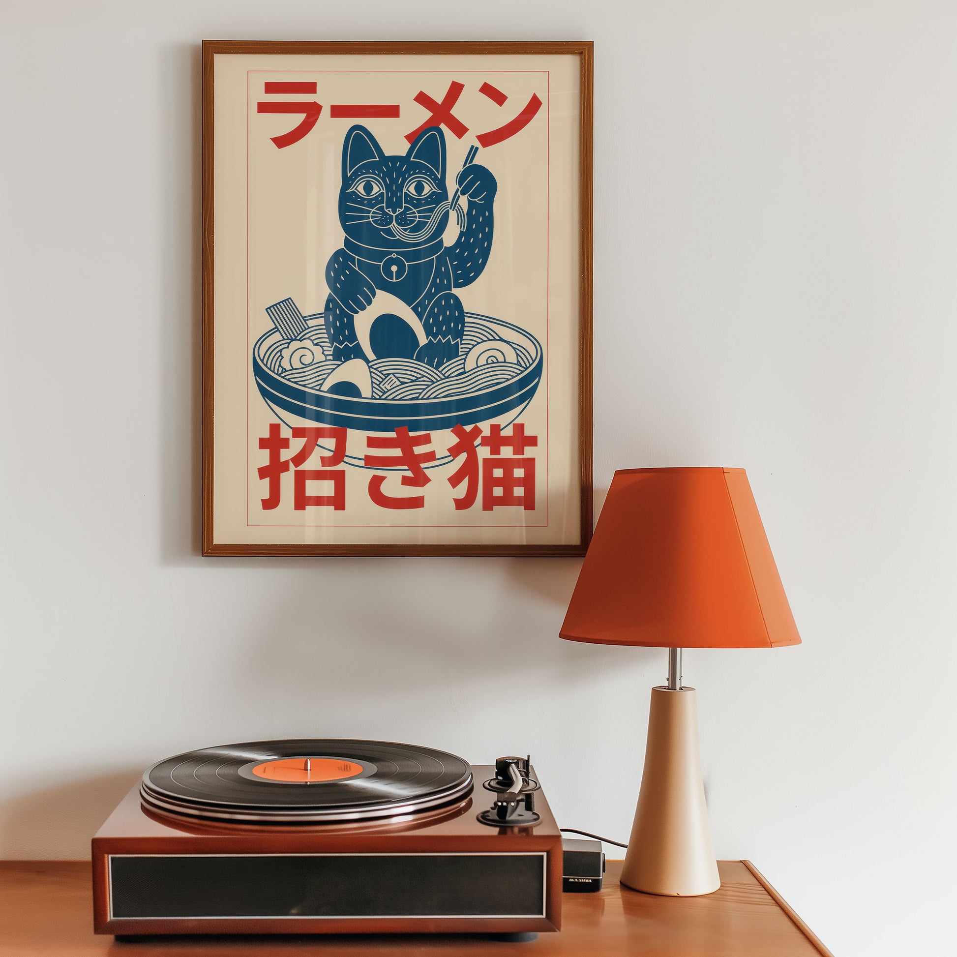 Japanese ramen cat poster illustration with noodles and lucky cat design, in a scandi style music room, with orange lamp. And record player. 