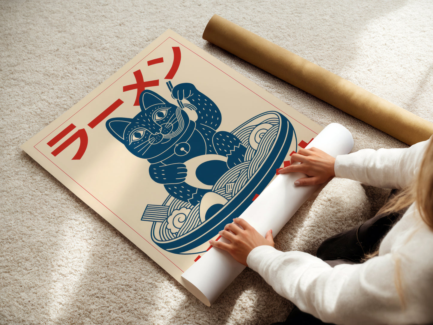maneki neko ramen cat Japanese art print, navy blue and red woodblock style lucky cat illustration with kanji typography on cream carpet. 