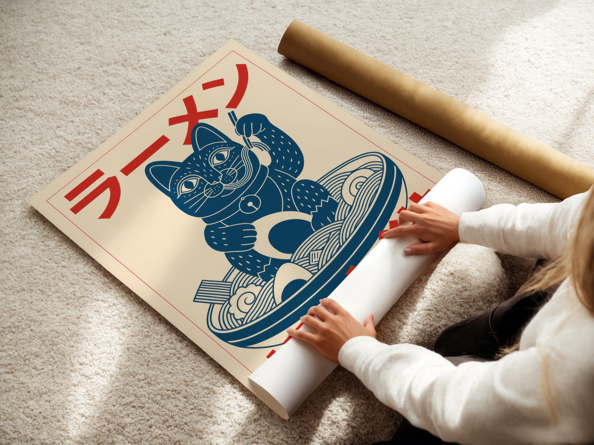 maneki neko ramen cat Japanese art print, navy blue and red woodblock style lucky cat illustration with kanji typography on cream carpet. 