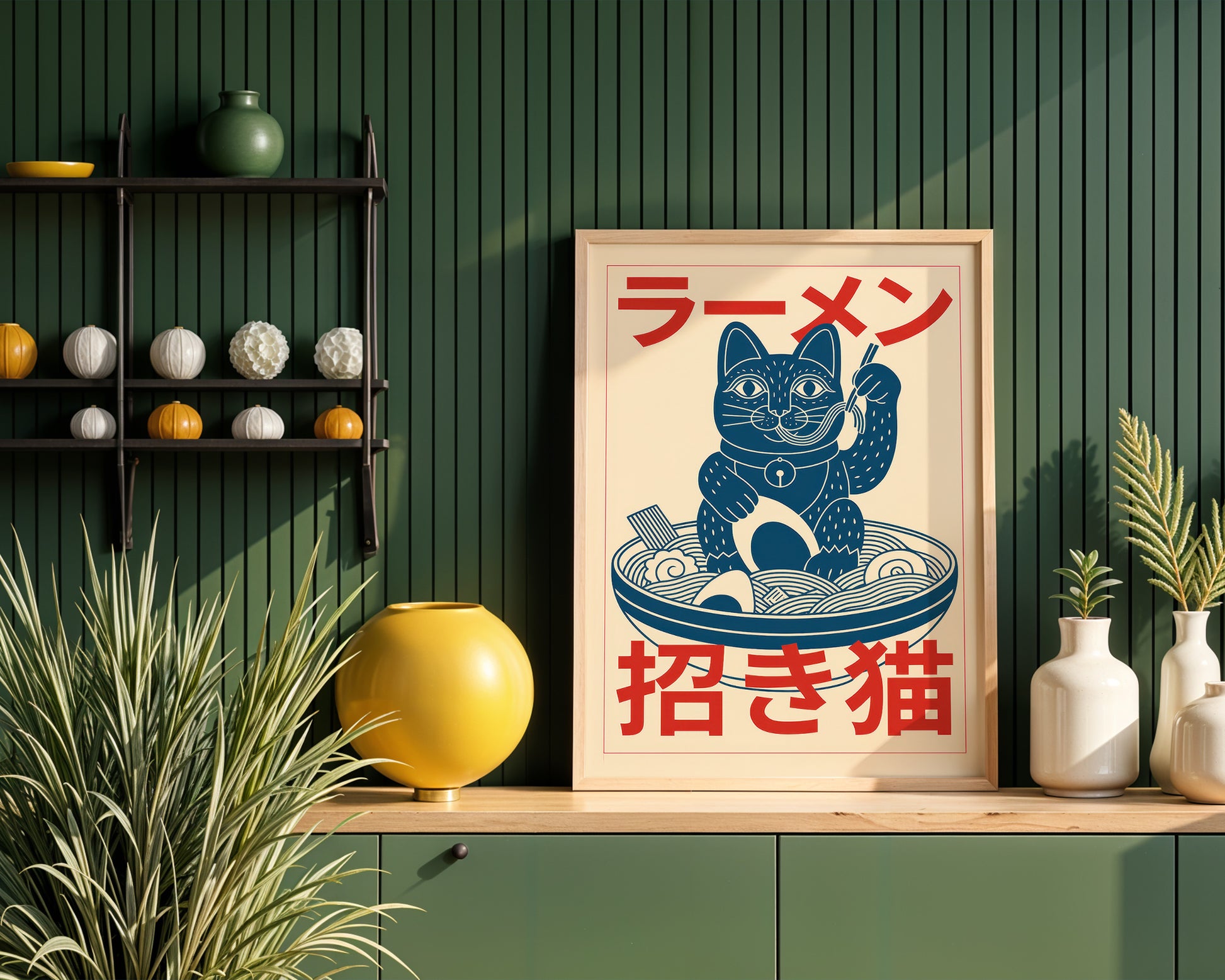 Lucky cat ramen maximalist illustration poster in a modern kitchen interior with green walls. 