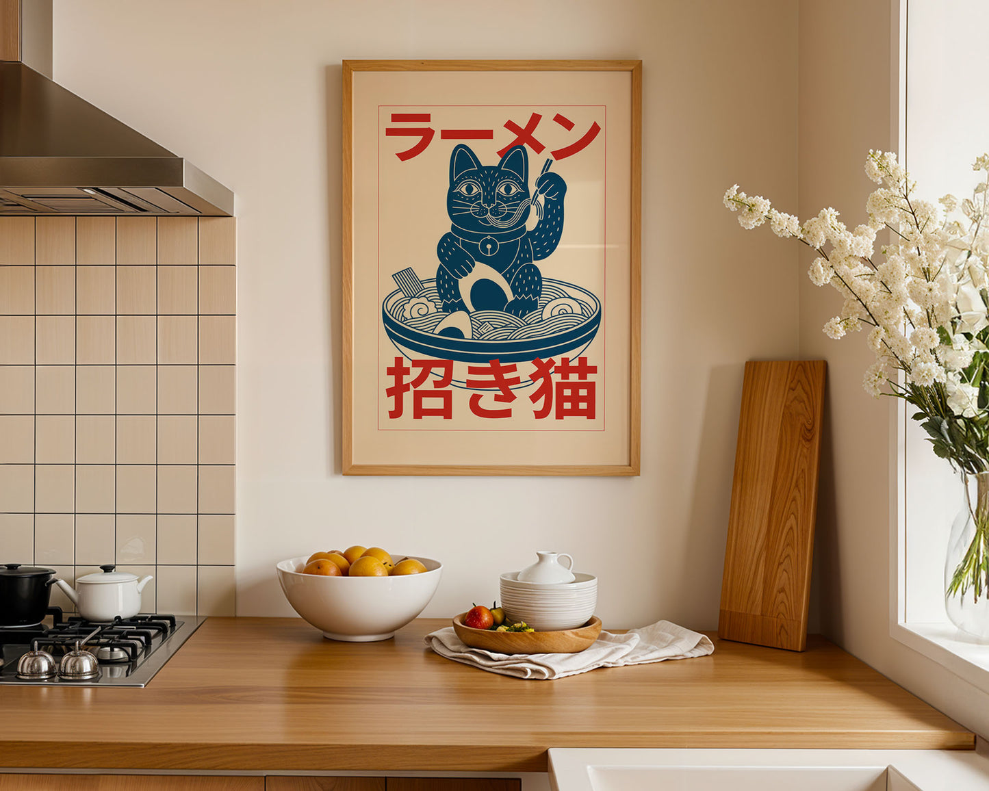 Mid-century modern  Japanese wall art print featured in neutral kitchen interior design space.