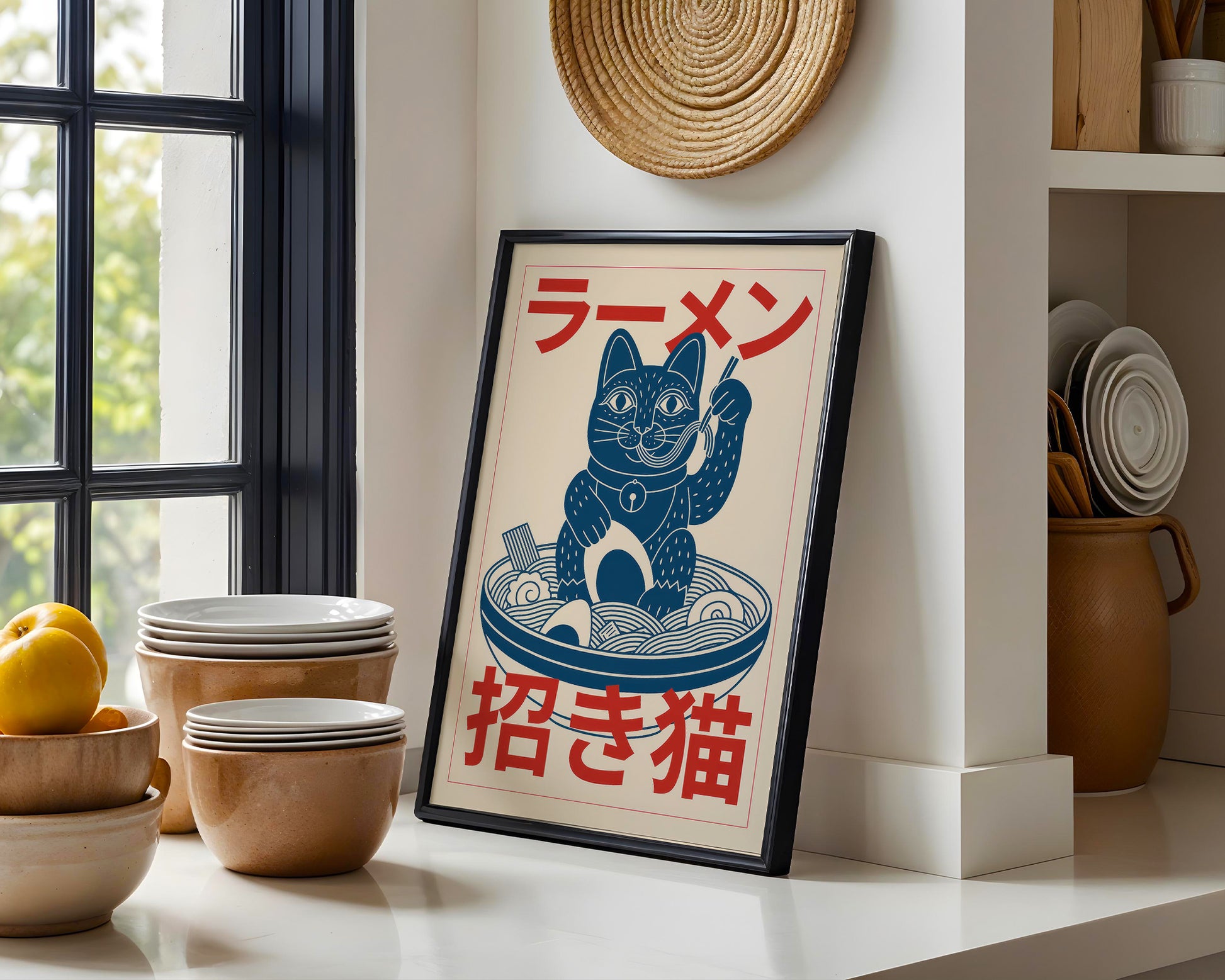Colourful mid-century style poster adding bold accent to modern home kitchen interior