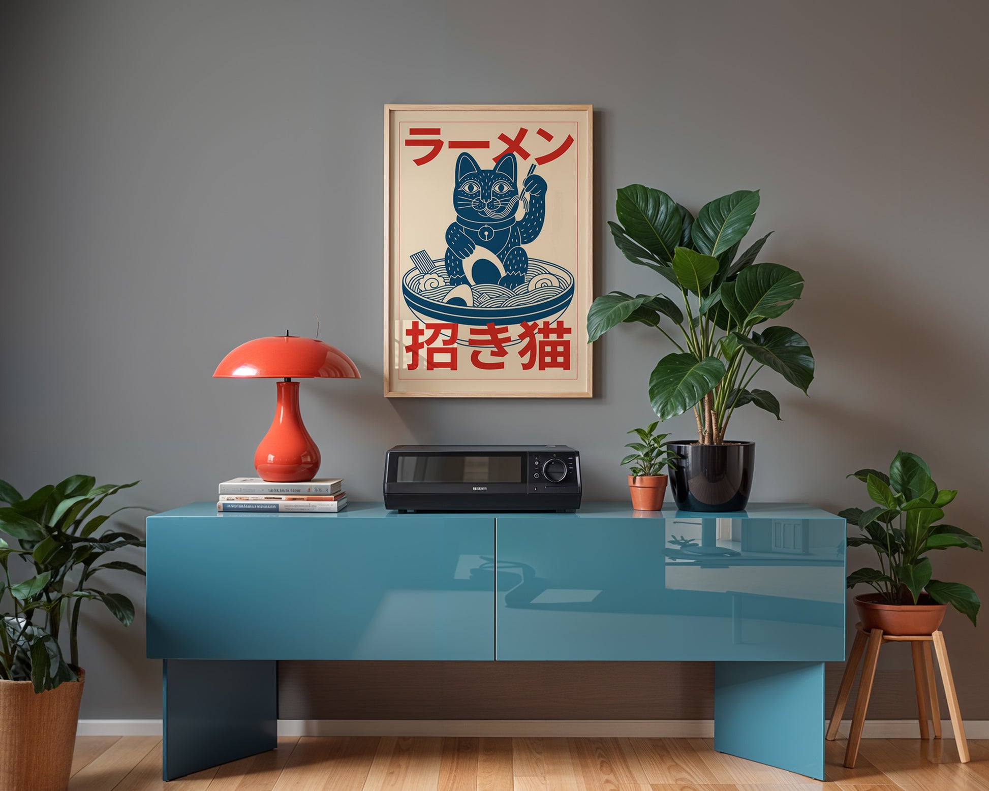 Framed mid-century style wall art print styled against minimalist interior wall