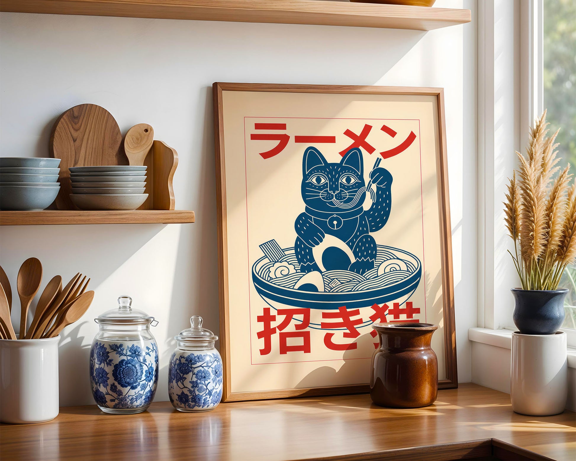 maximalist Japanese poster styled in clean Scandinavian inspired living space