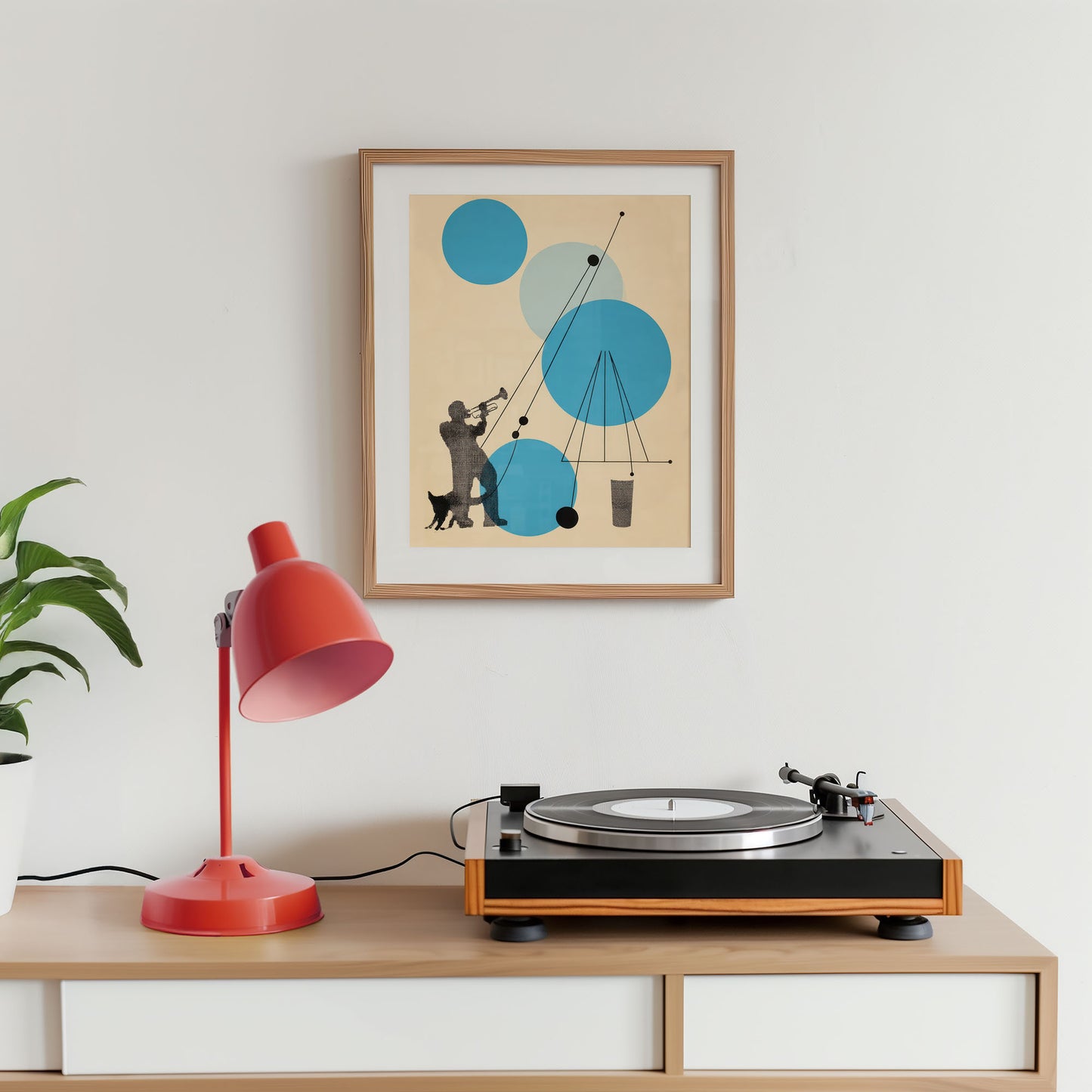 Mid-century inspired art poster styled above sofa in modern home decor setting