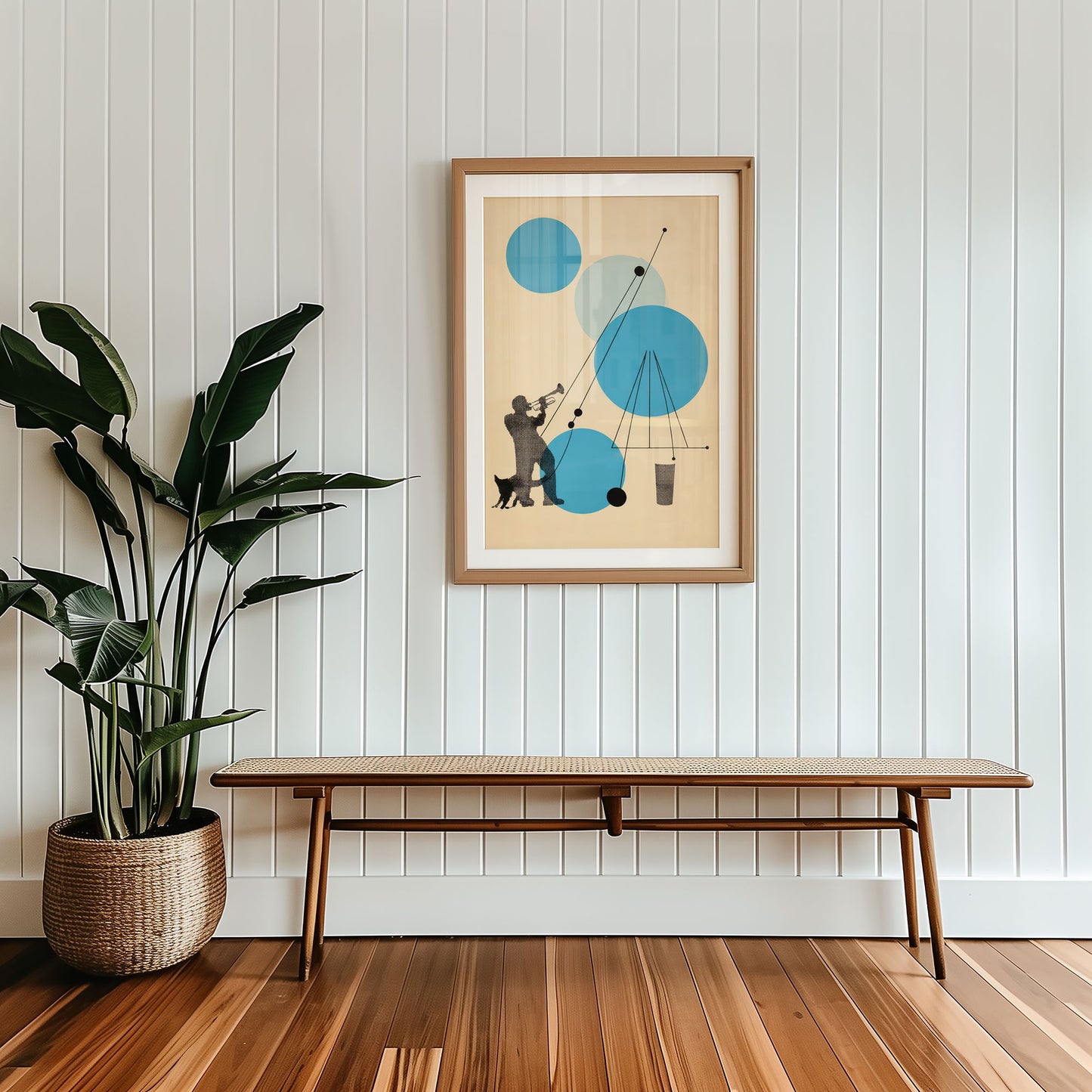 Mid-century modern poster styled in clean Scandinavian inspired living space