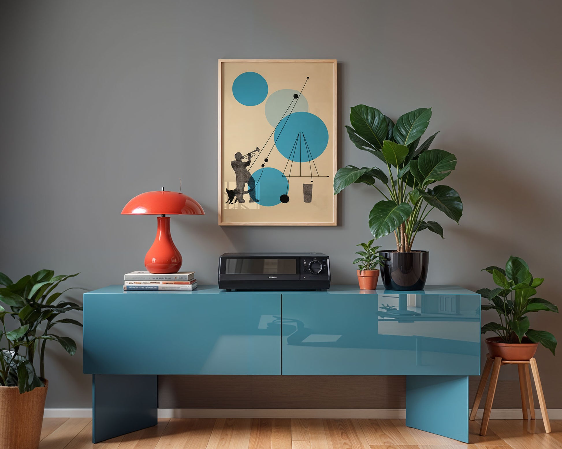 Modern interior with a blue console table, red lamp, and framed artwork on a gray wall.