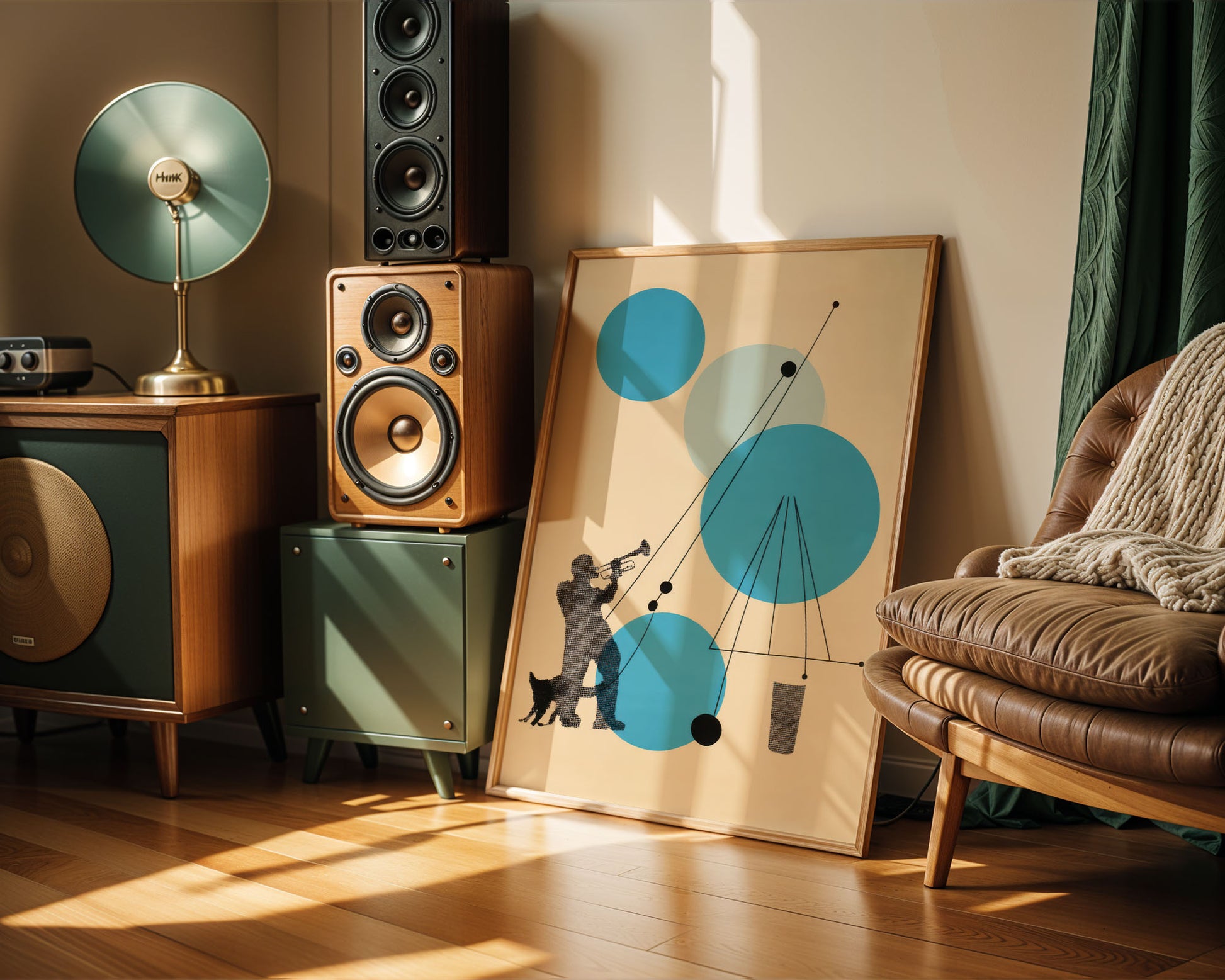 Living room with wooden speakers, a lamp, and a decorative painting on a wall.