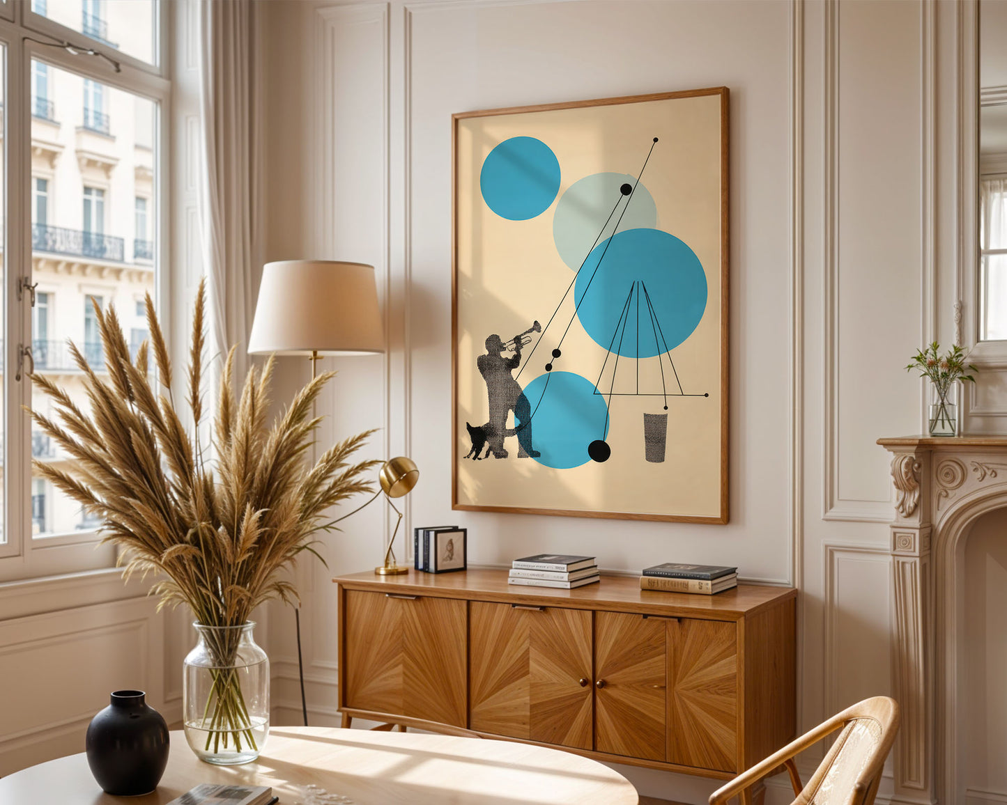 Colourful mid-century style poster adding bold accent to modern home interior