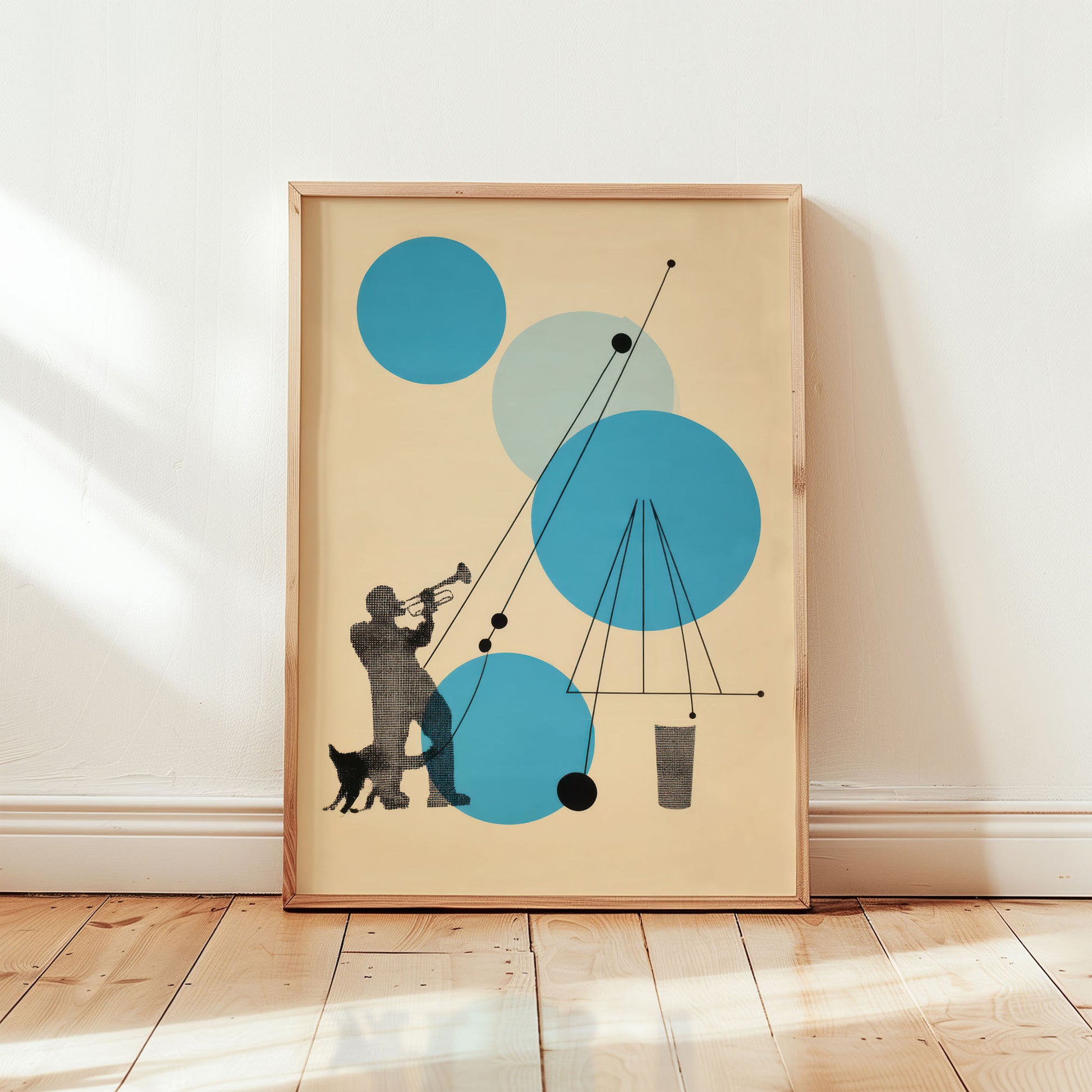 Abstract jazz wall art print featuring trumpet player silhouette with geometric blue circles in mid-century modern Bauhaus style from Wallgarde
