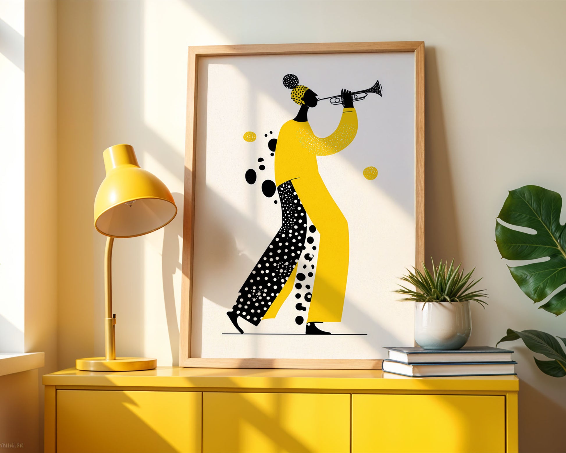 Framed yellow artwork of a person playing a trumpet on a yellow cabinet with a lamp and plant.