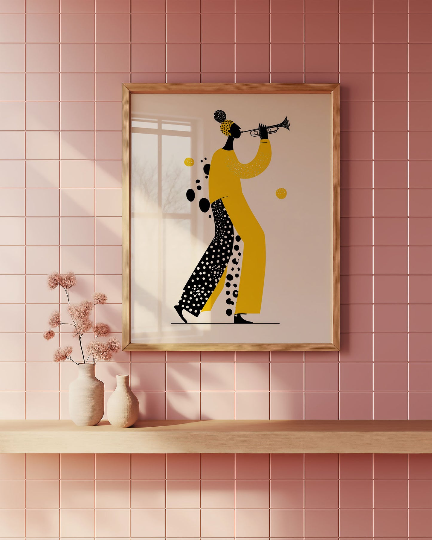 Framed artwork of a person playing a trumpet on a pink tiled wall.