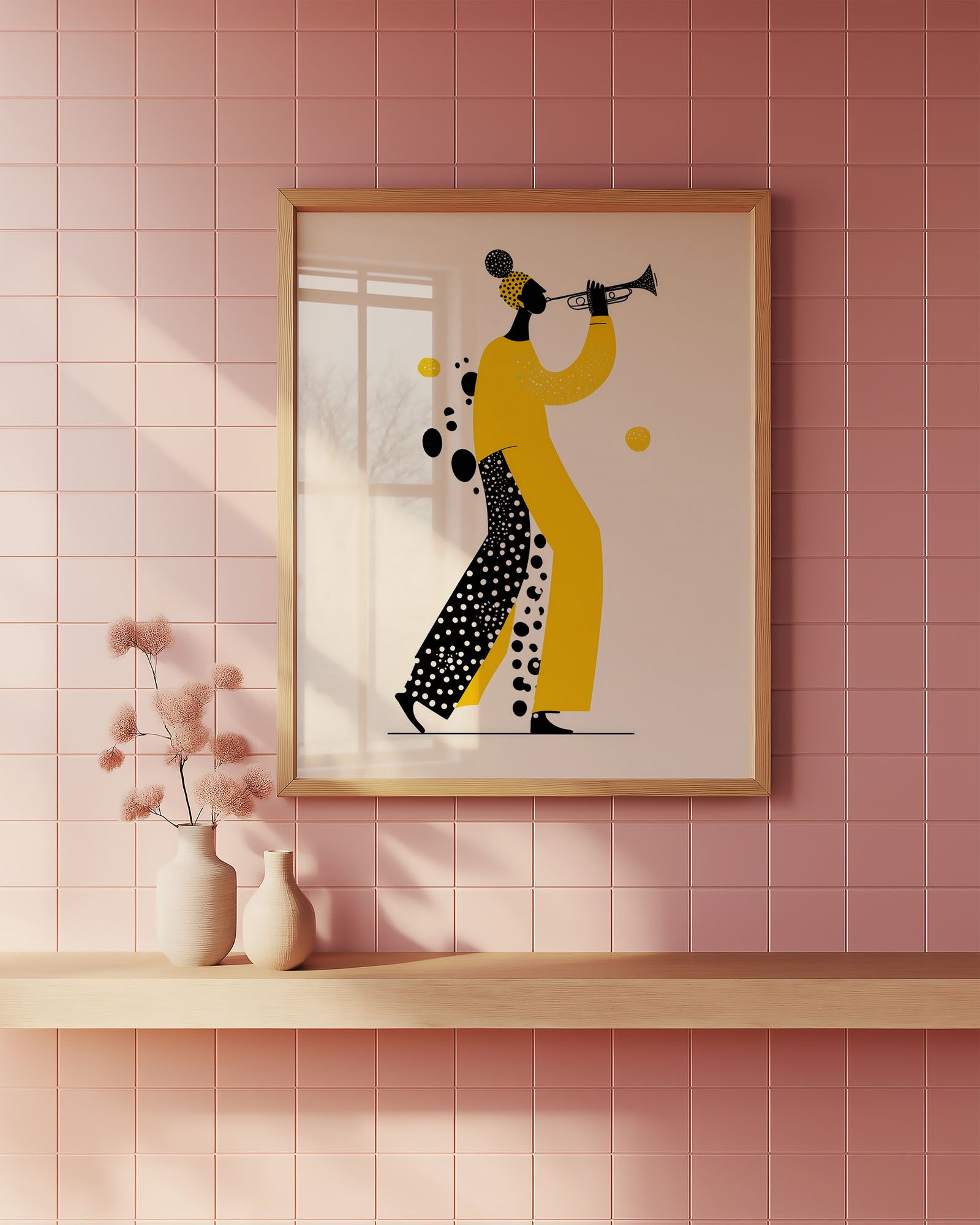 Framed artwork of a person playing a trumpet on a pink tiled wall.