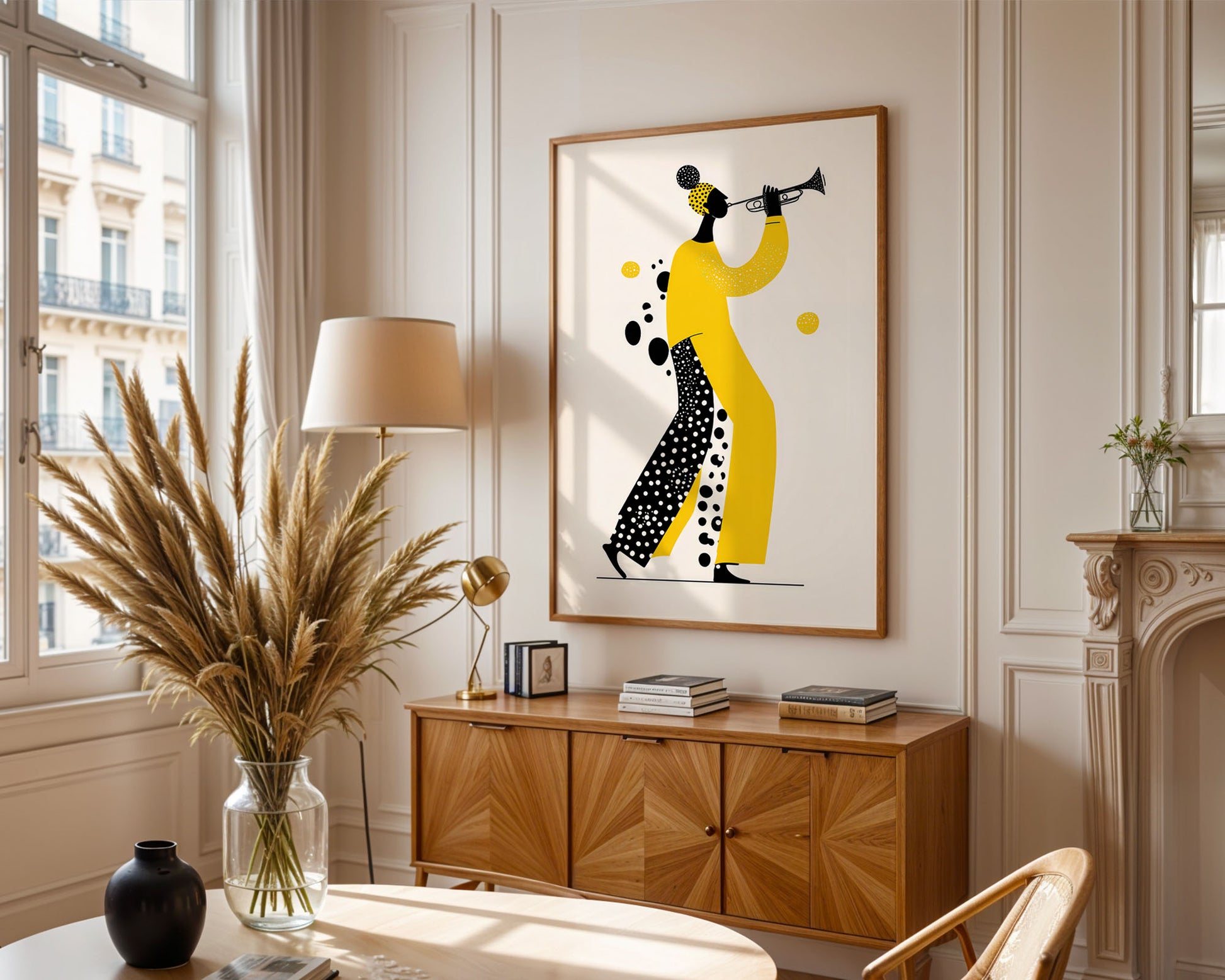 Living room with a wooden cabinet, vase with plants, and framed artwork of a person playing a trumpet.