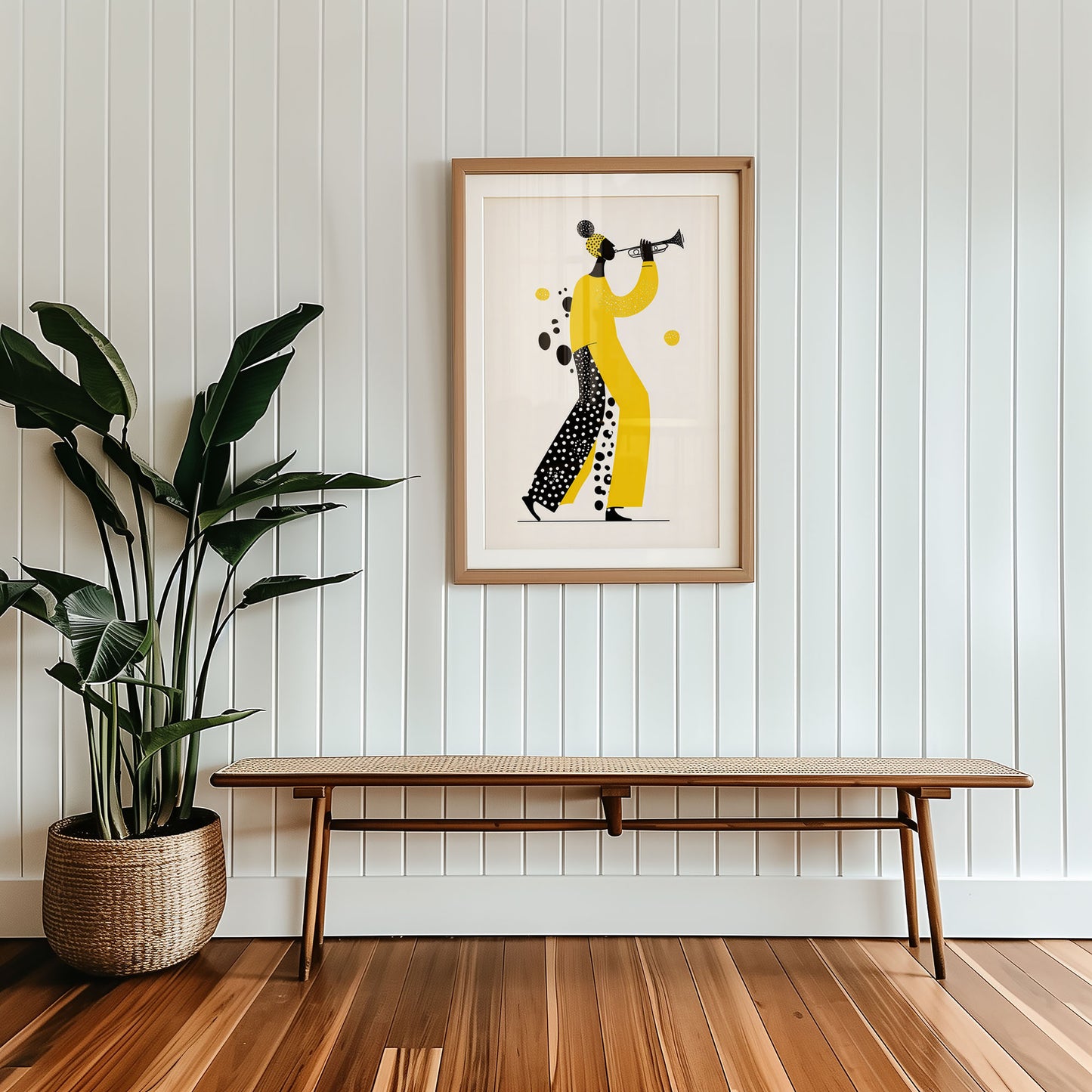 Mid-century modern poster styled in clean Scandinavian inspired living space