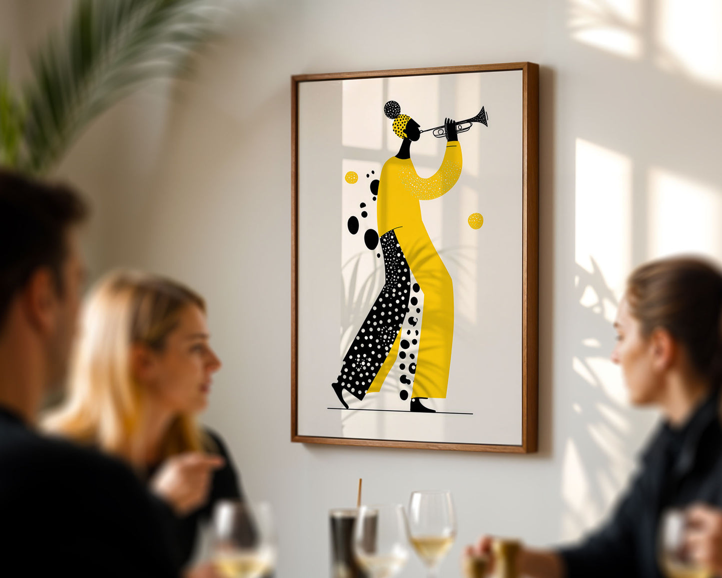 Framed mid-century style wall art print styled against minimalist interior wall