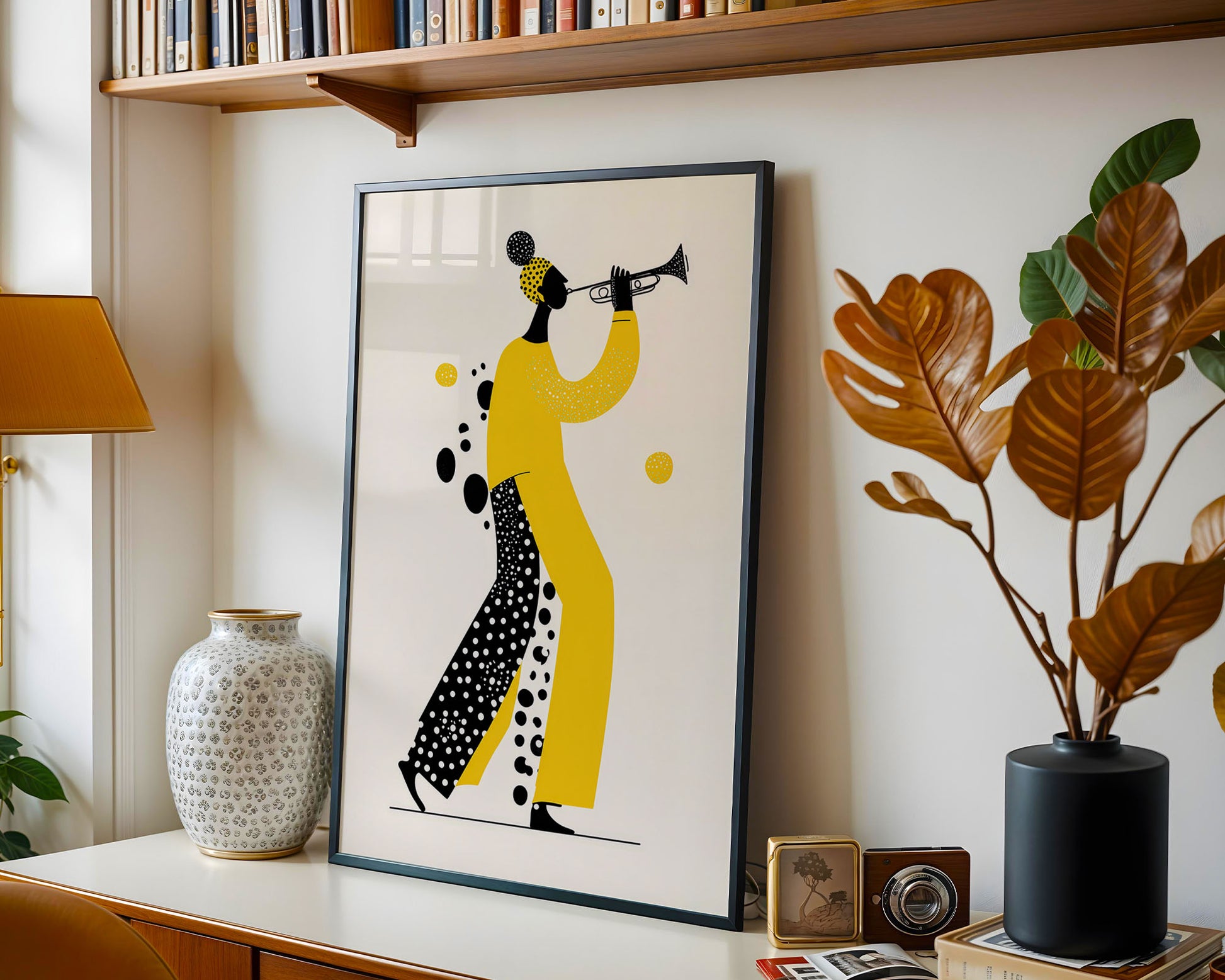 Yellow and black jazz musician poster with contemporary trumpet player illustration in minimalist graphic style
