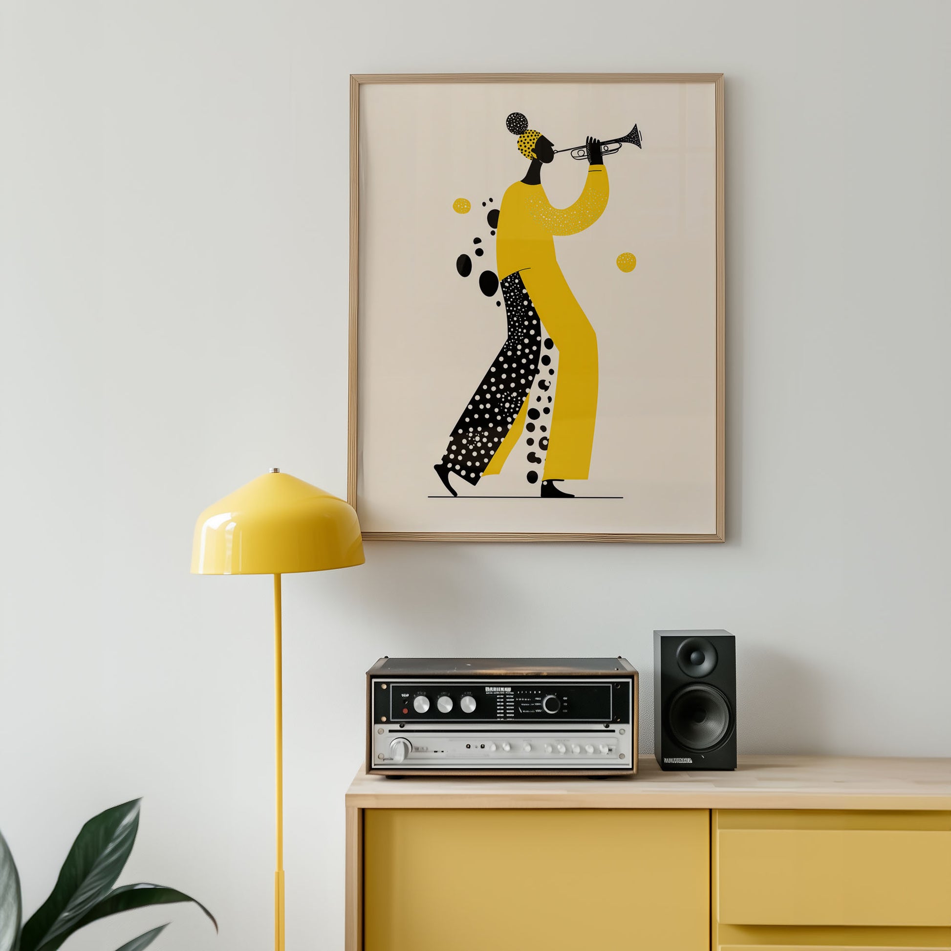 Contemporary jazz wall art featuring trumpet player illustration in bold yellow modern design

