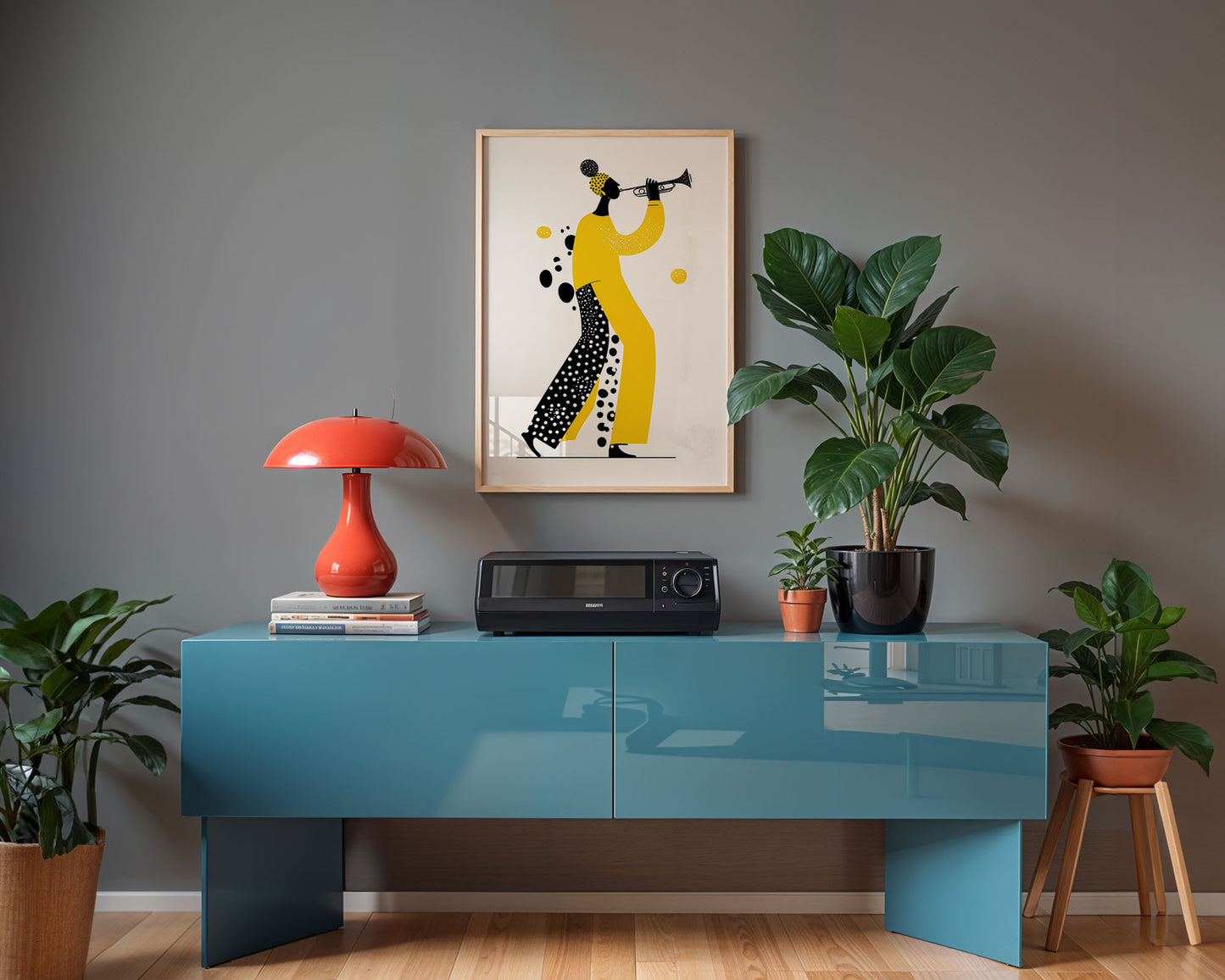 Contemporary jazz wall art featuring trumpet player illustration in bold yellow modern design in music room

