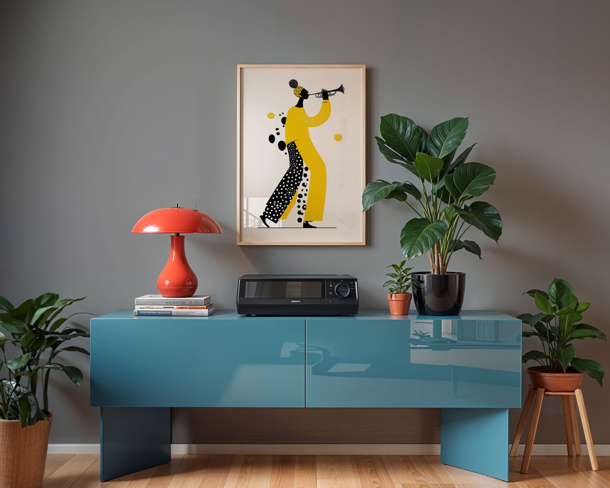 Contemporary jazz wall art featuring trumpet player illustration in bold yellow modern design in music room

