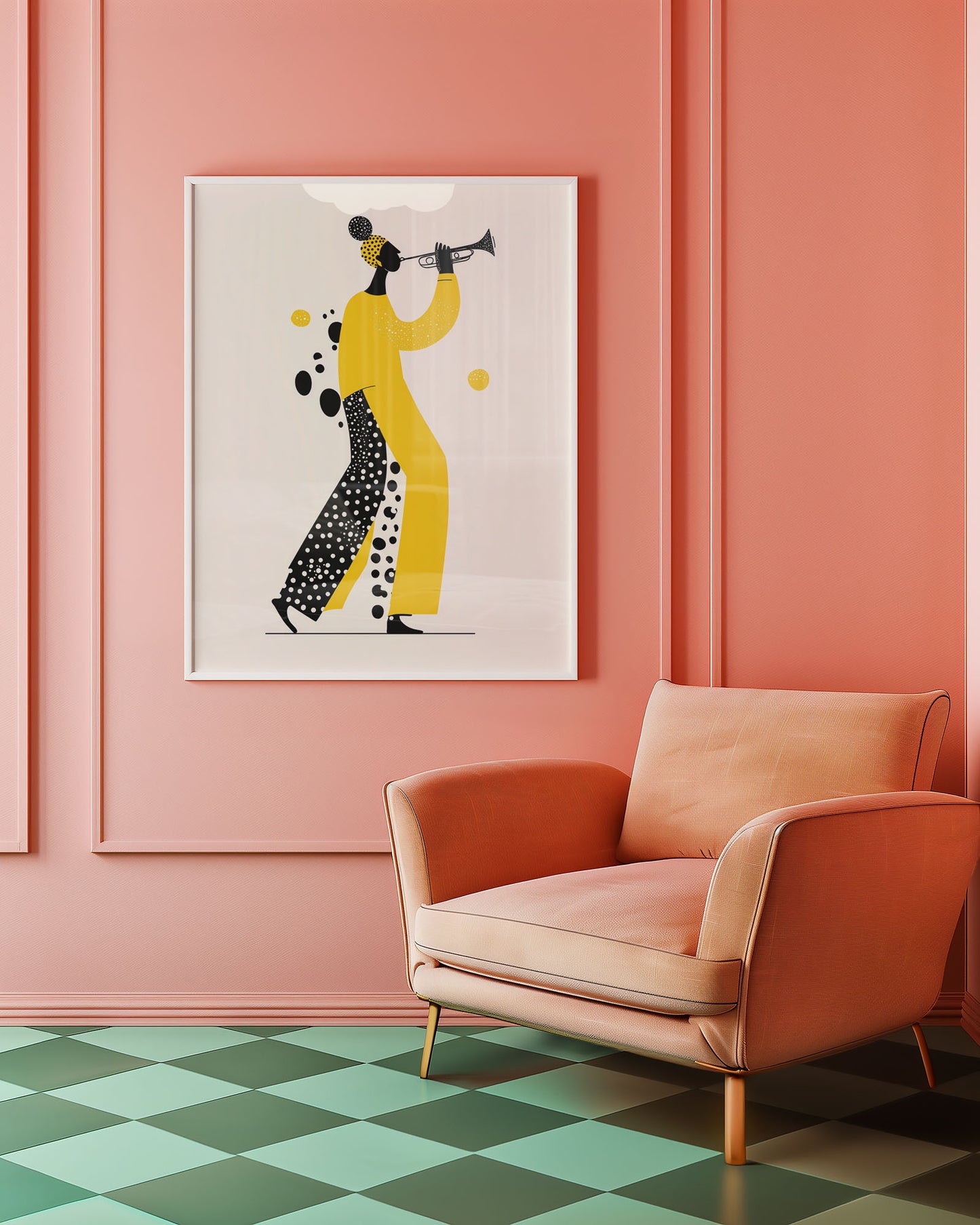 Pink armchair in a room with a colorful abstract painting on the wall.