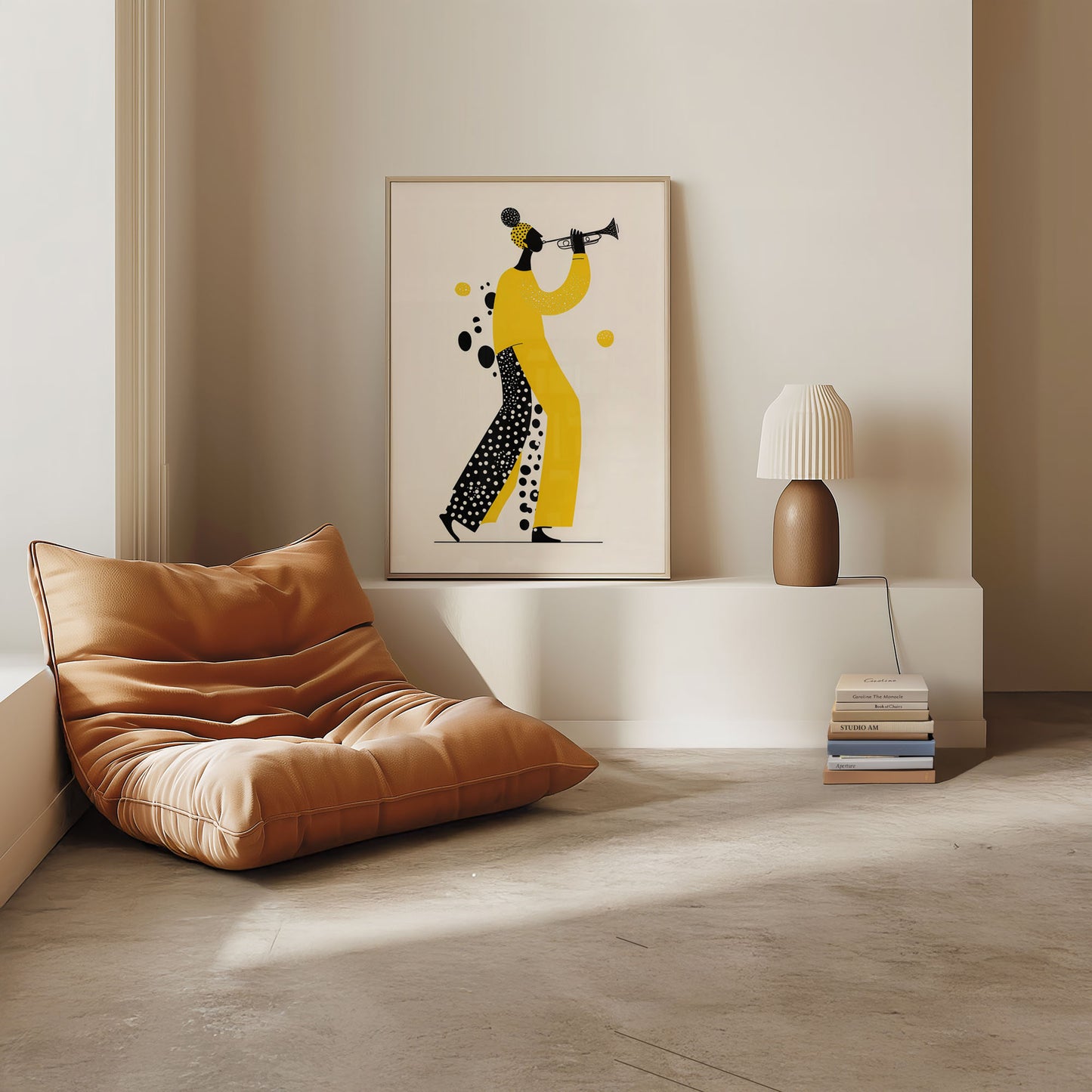 Modern living room with a brown leather chair, framed artwork, and decorative lamp.