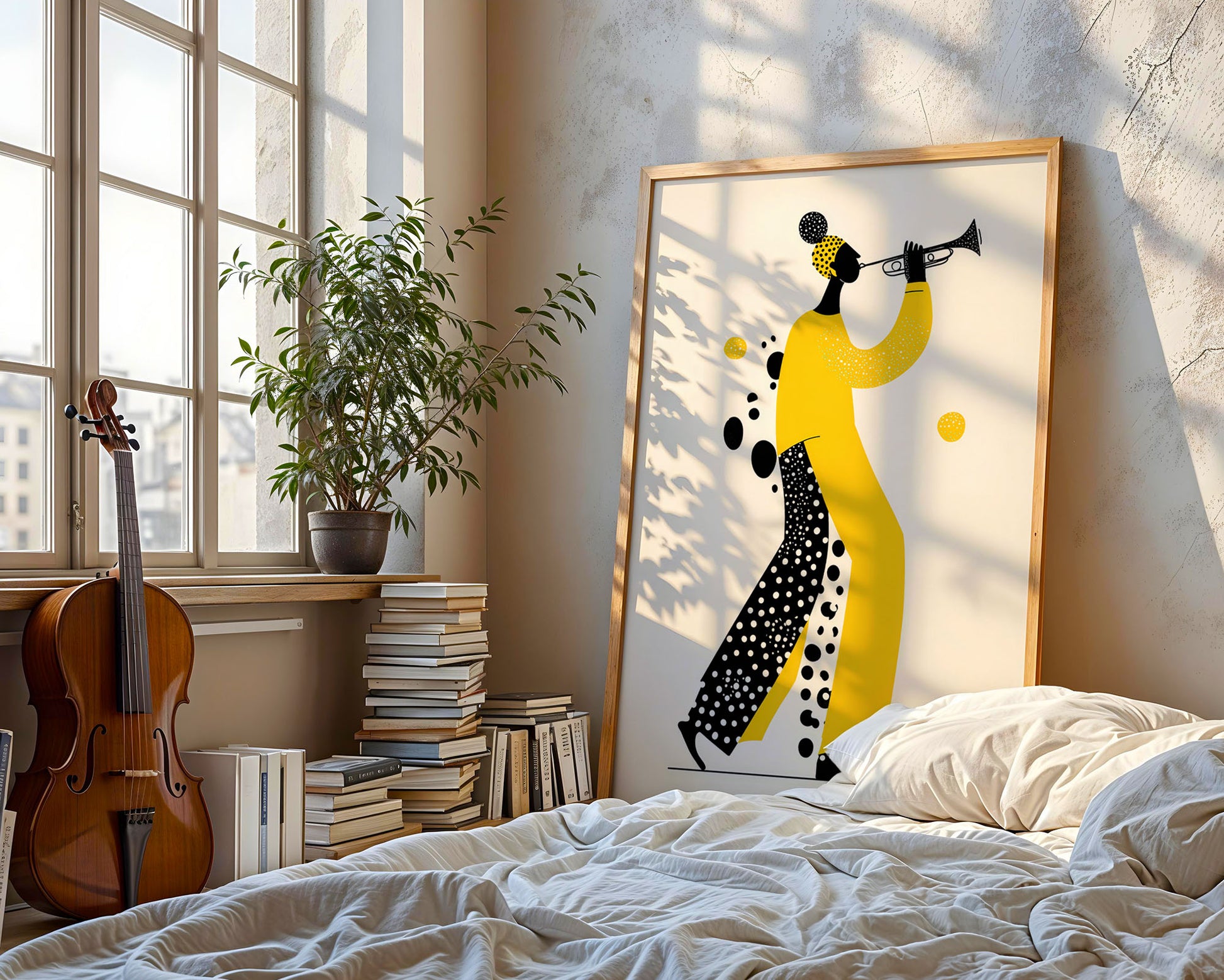 Modern Mid-century Jazz music print in Bedroom 