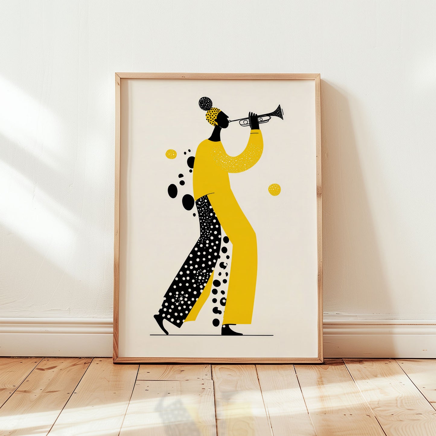 Modern jazz trumpet wall art print featuring stylised musician illustration in yellow and black graphic design from Wallgarde

