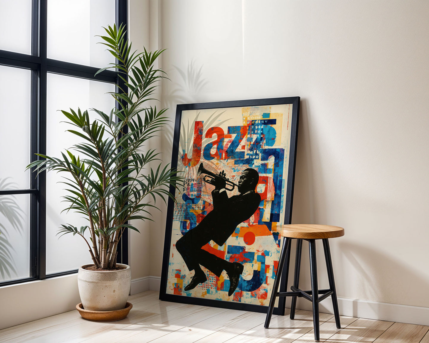 Framed jazz-themed artwork on a wall next to a plant and stool.