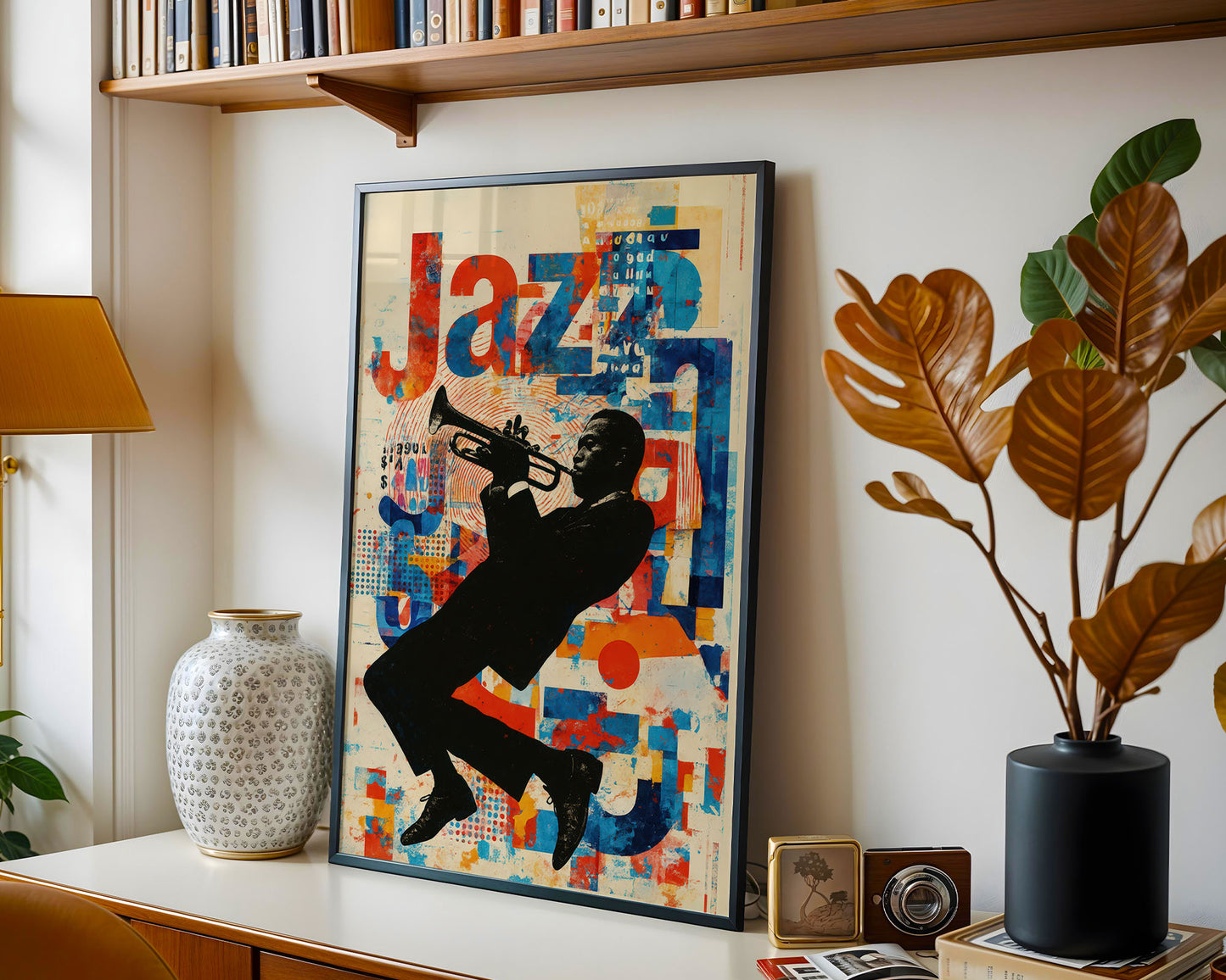 Framed artwork of a jazz musician playing a trumpet on a wall with decorative elements.