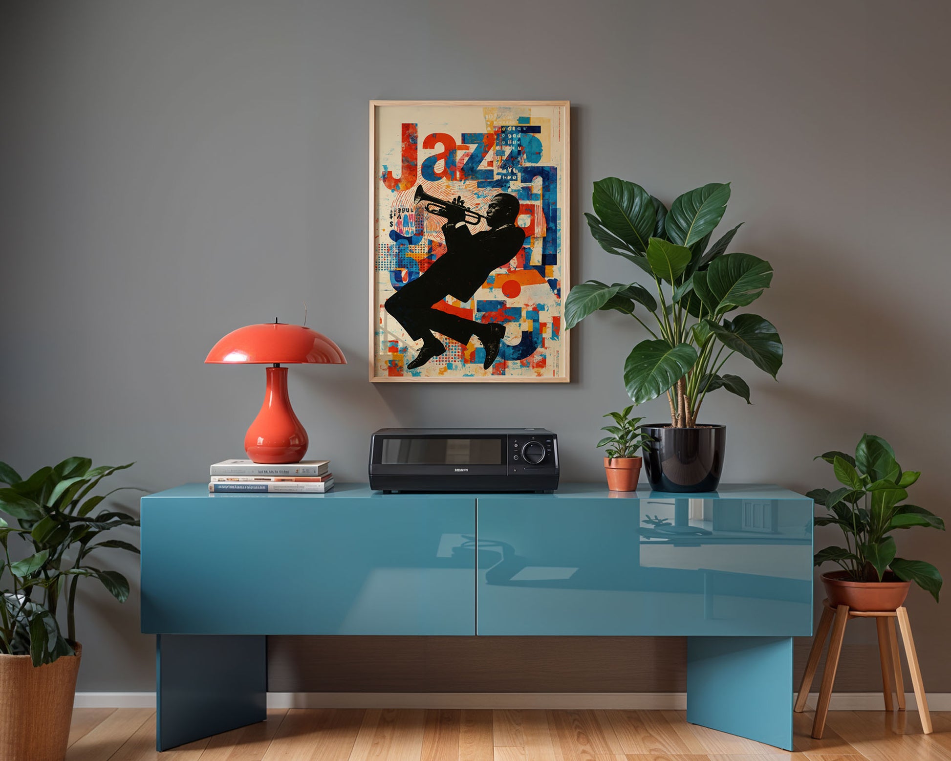 Mid-century modern poster styled in clean Scandinavian inspired living space