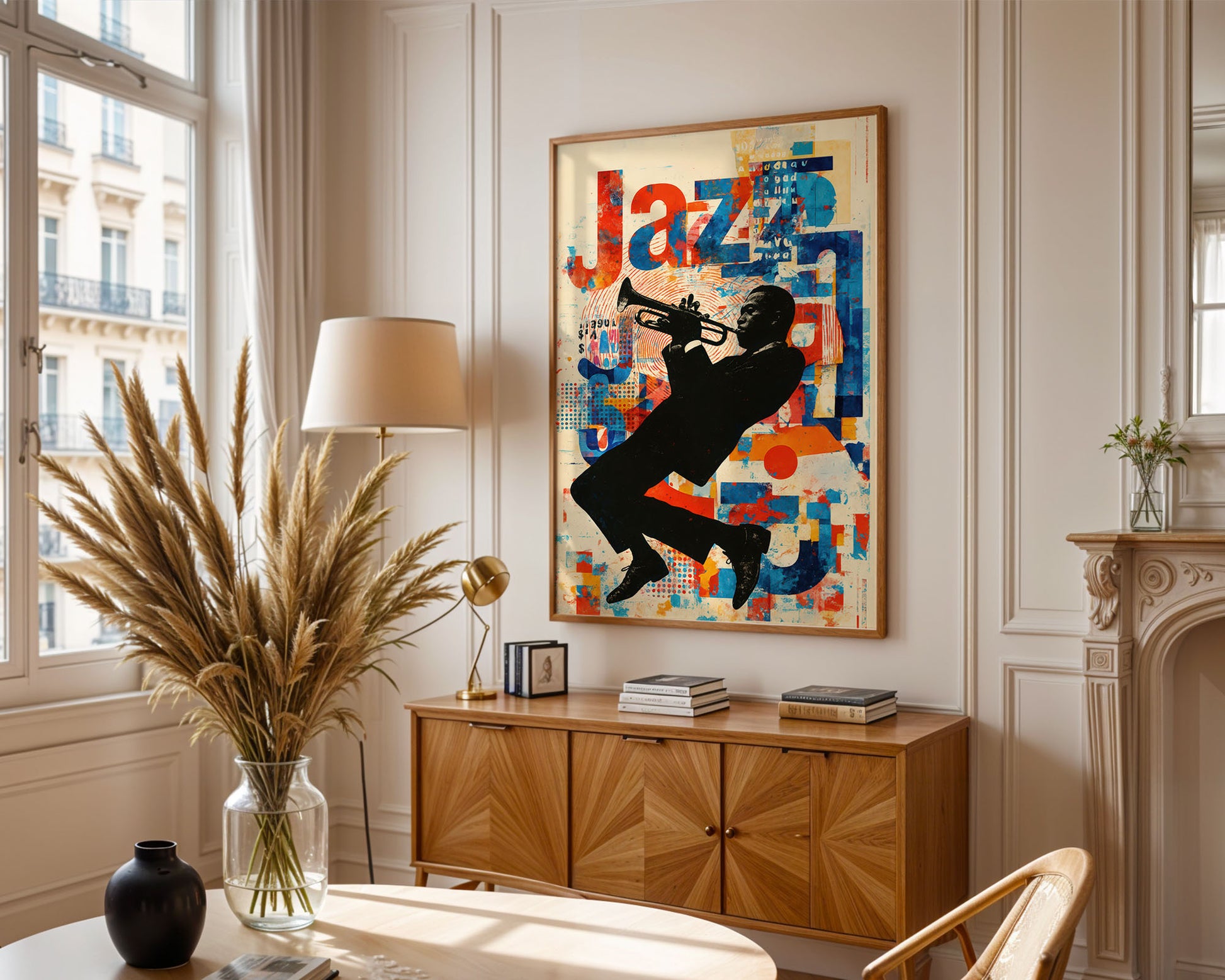 Colourful mid-century style poster adding bold accent to modern home interior