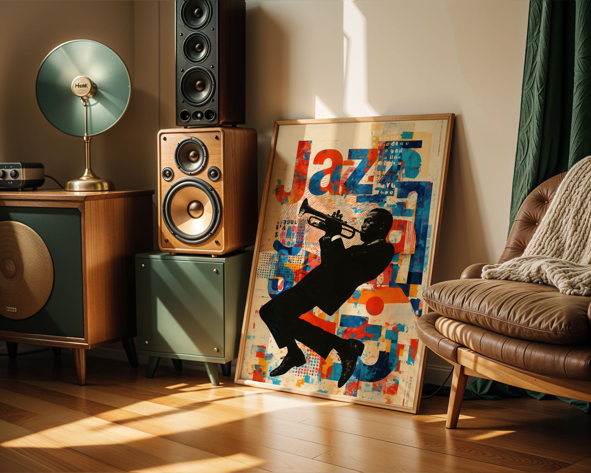 Room interior with speakers, a lamp, and a 'Jazz' themed painting.
